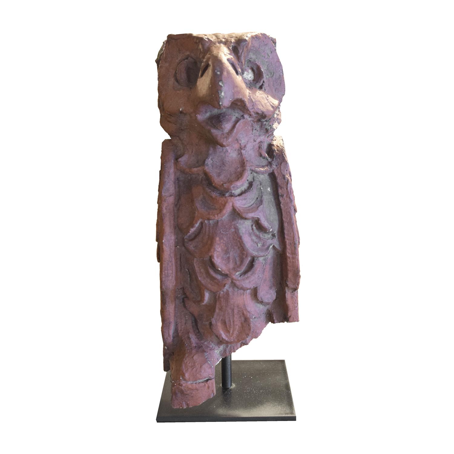 A Terra Cotta Building Ornament in the Form of an Owl 6" W x 6" D x 16.5" H — United States, Circa 1920