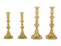 Four English Diamond Pattern Brass Candlesticks