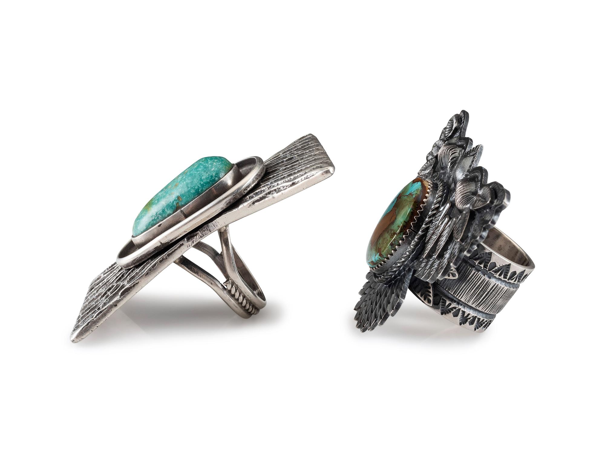 Large Avian Sterling Silver and Pilot Mountain Turquoise Ring PLUS Sterling Silver Tufa Cast Ring, with Mineral Valley Turquoise