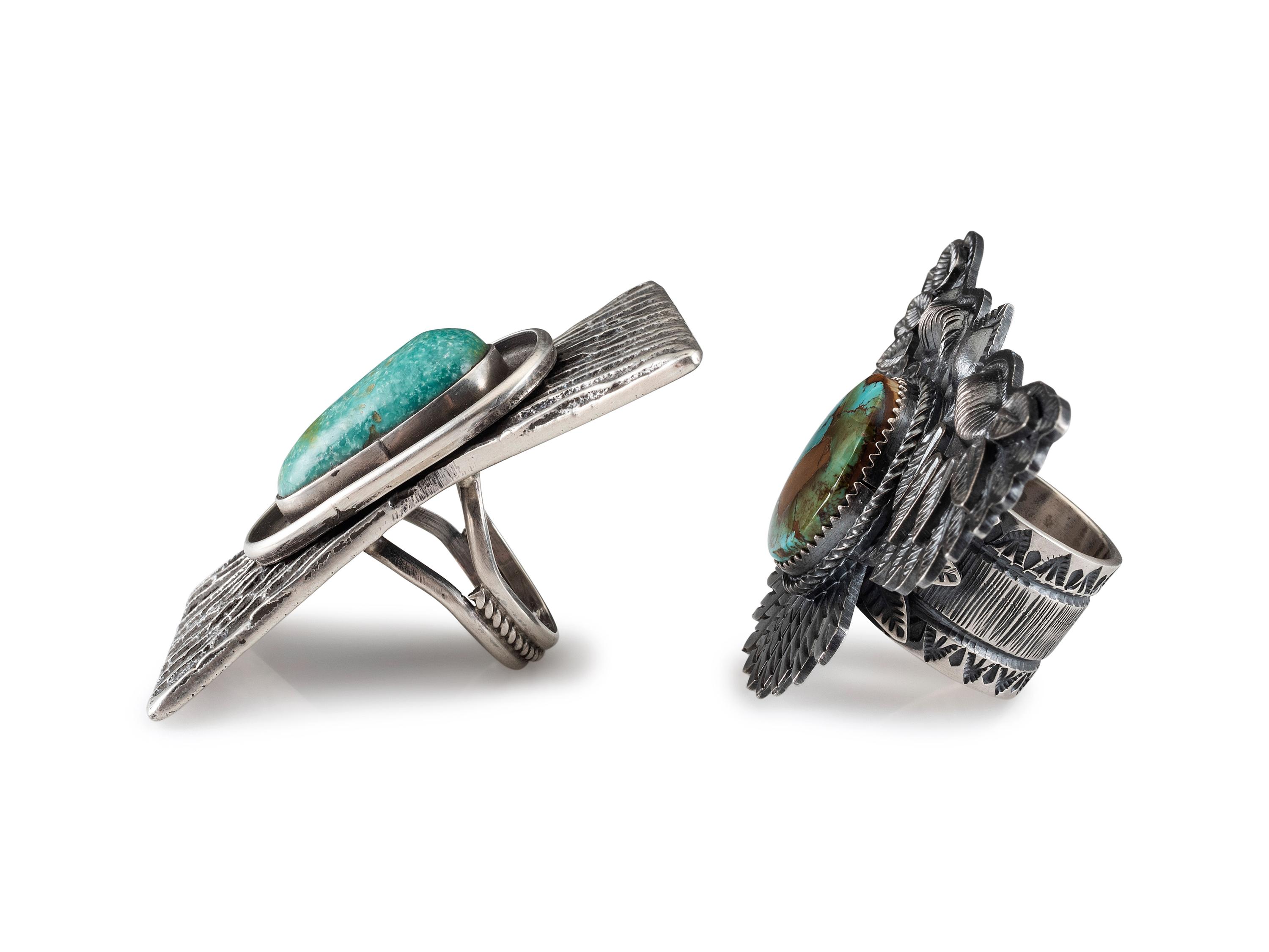 Large Avian Sterling Silver and Pilot Mountain Turquoise Ring PLUS Sterling Silver Tufa Cast Ring, with Mineral Valley Turquoise
