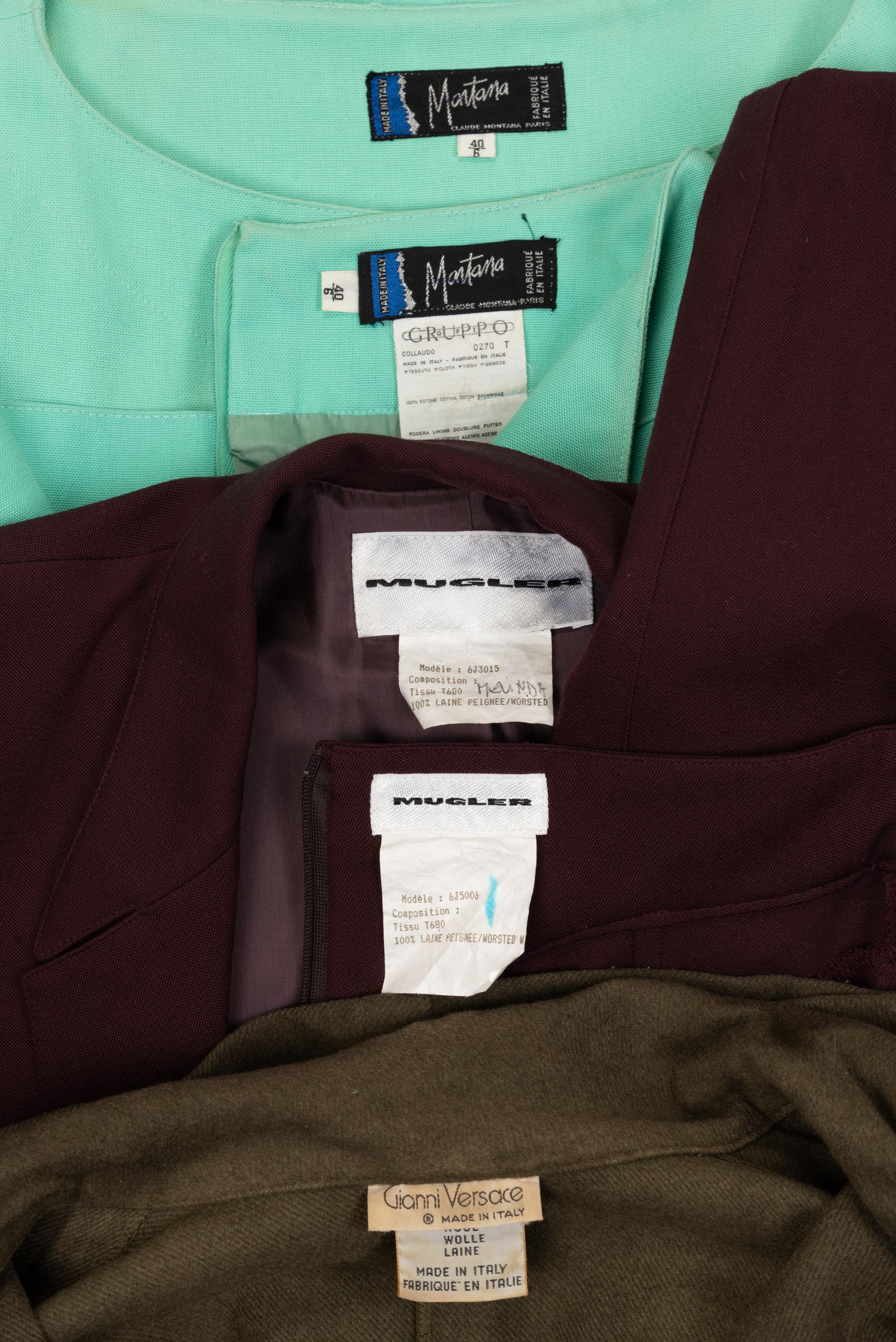 Three Designer Items: One Gianni Versace Dress, One Thierry Mugler Pant Suit, One Claude Montana Skirt Suit, 1980-90s