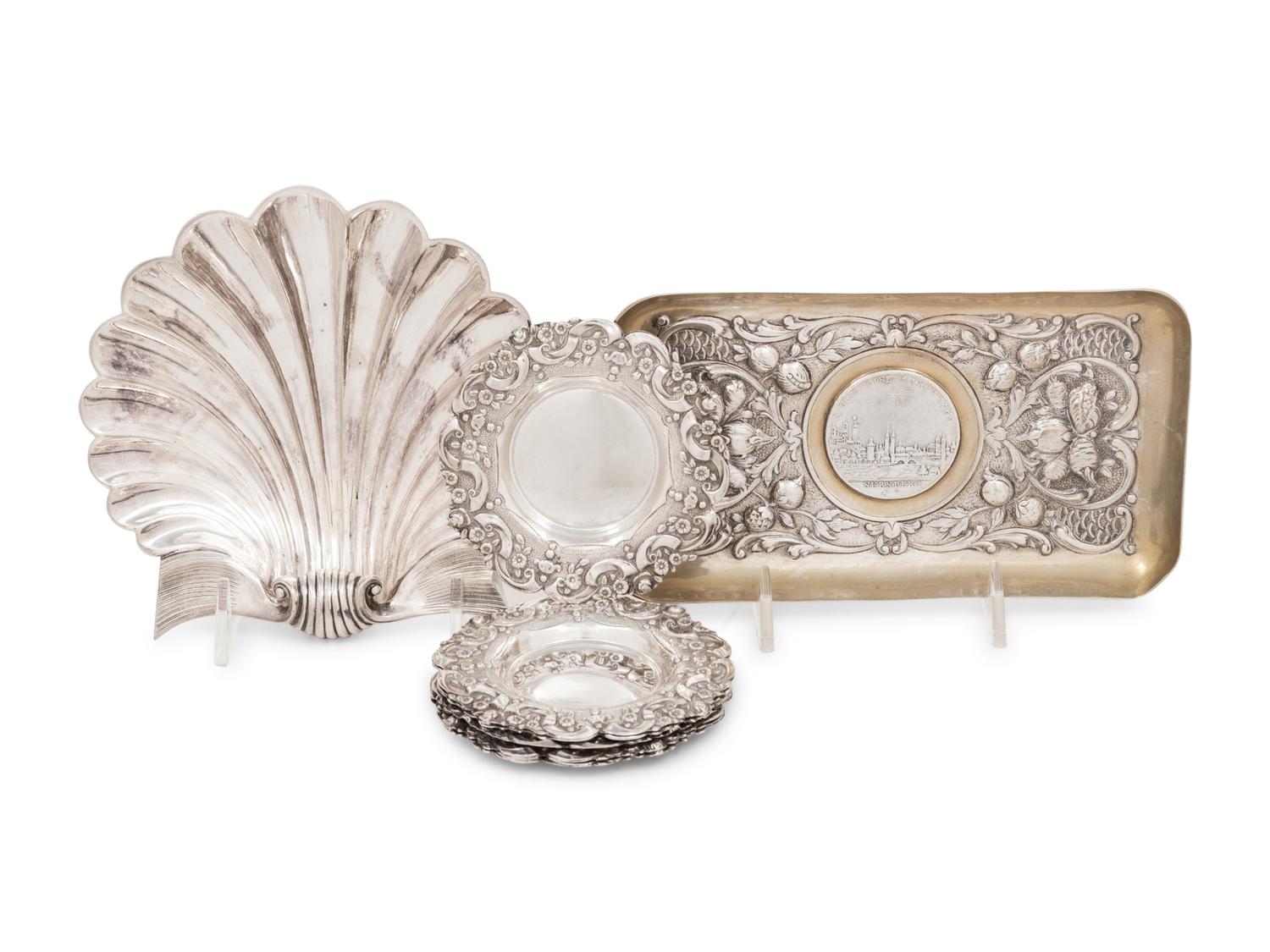 A German Silver Coin-Inset Tray and a Silver Shell-Form Dish