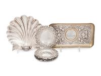A German Silver Coin-Inset Tray and a Silver Shell-Form Dish