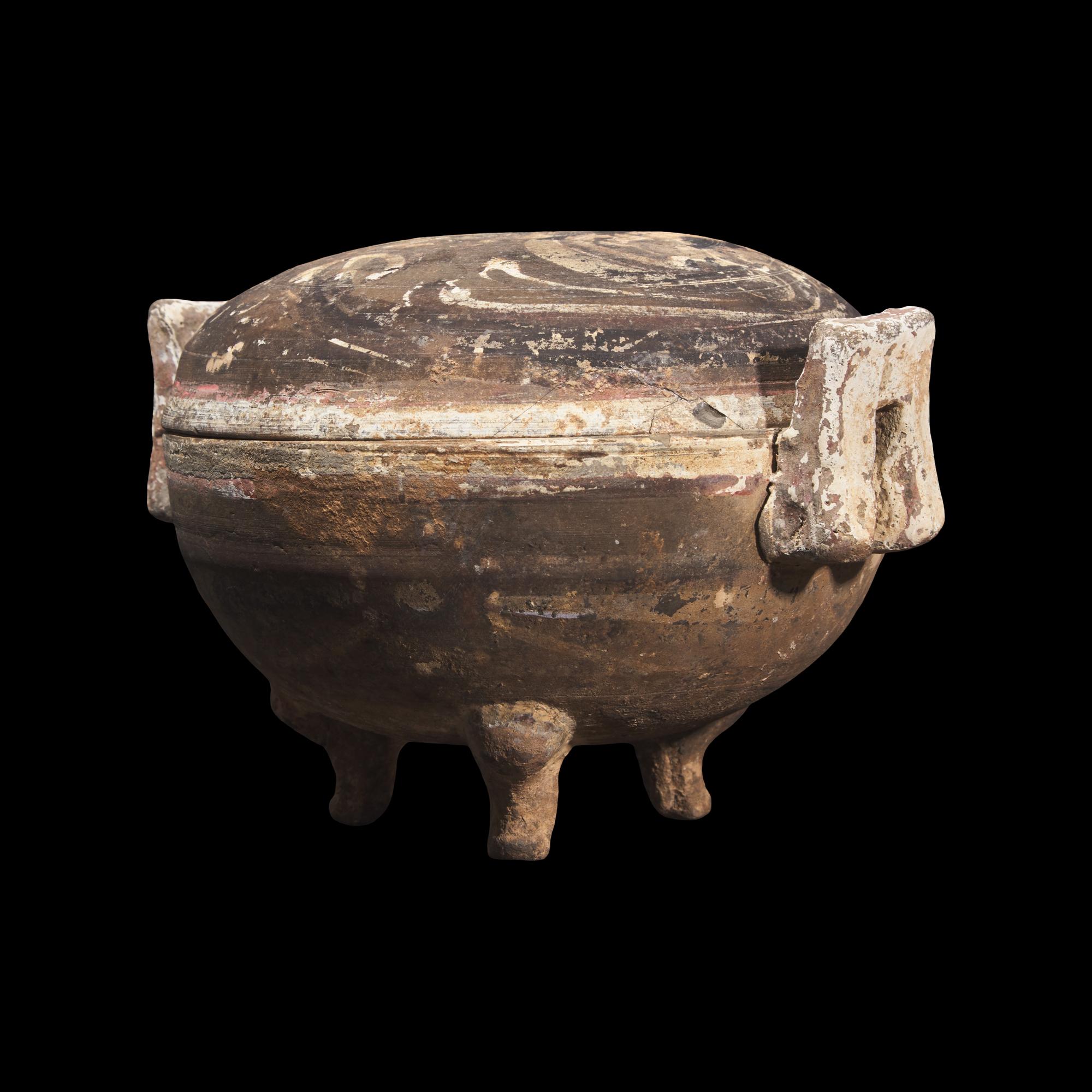 A Chinese Painted Pottery Tripod Covered Censer, Ding, Possibly Han Dynasty 或 為 漢 彩繪灰陶鼎