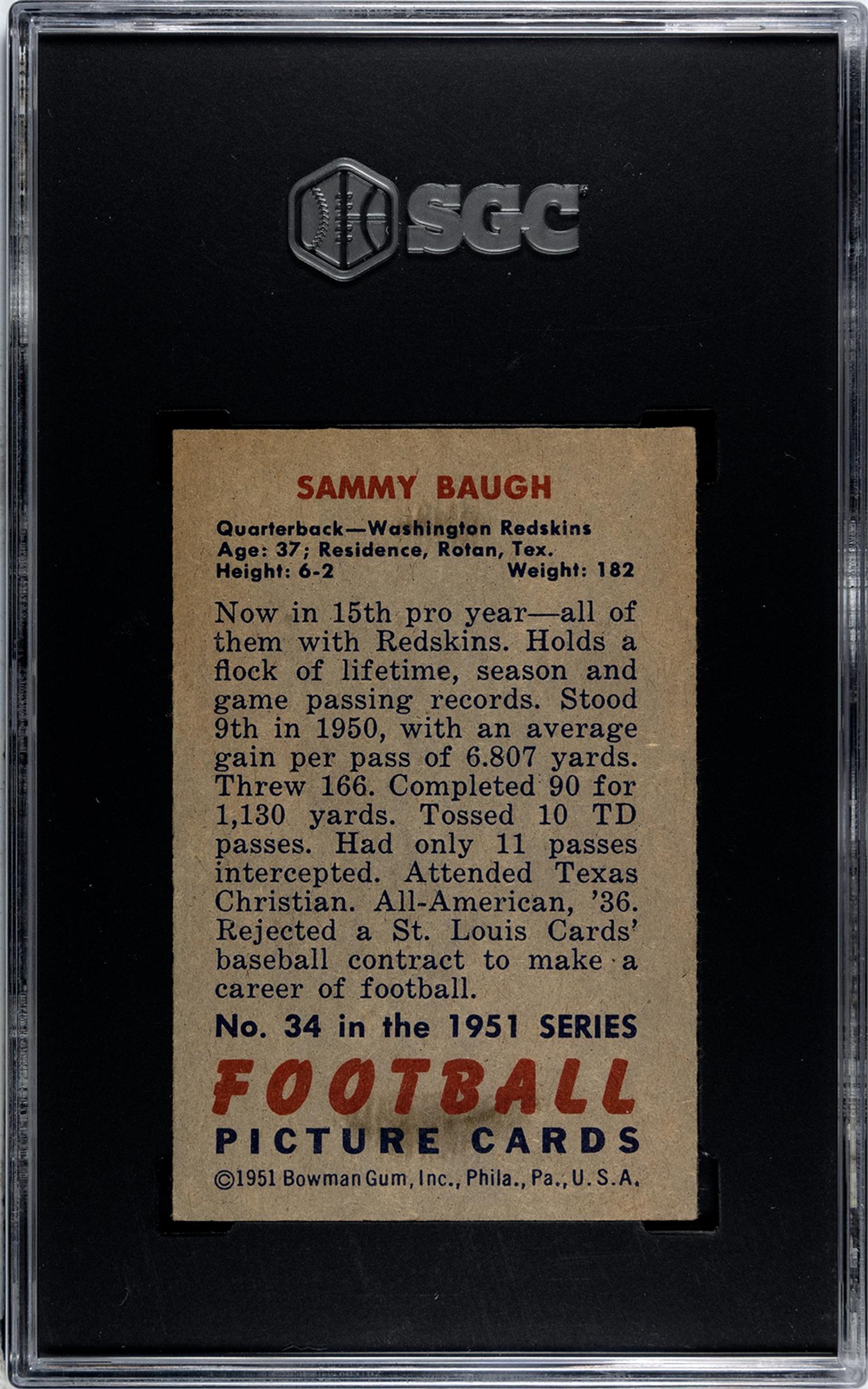 A Group of 1950 and 1951 Bowman Sammy Baugh Football Cards No. 100 (SGC 5 EX)