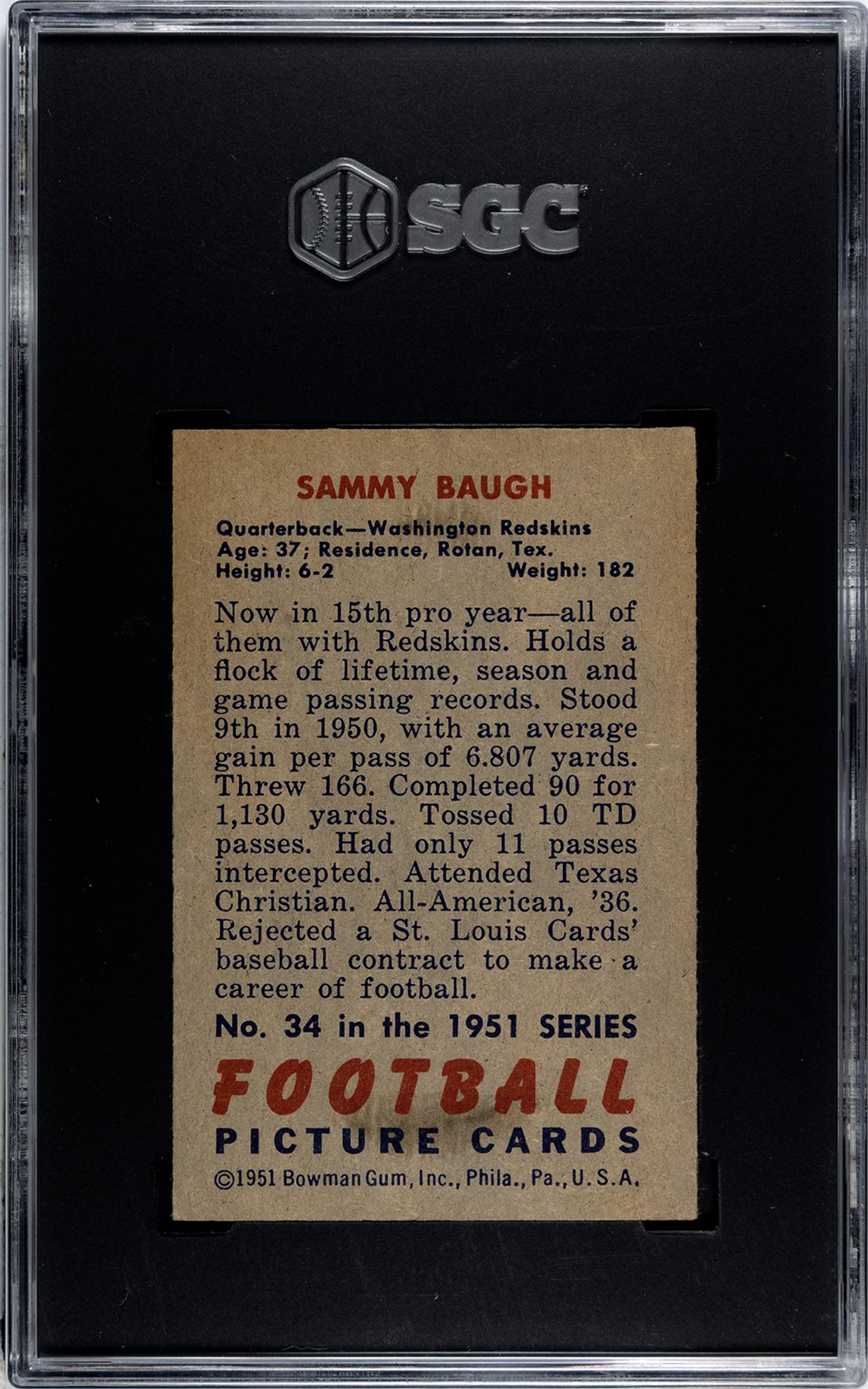 A Group of 1950 and 1951 Bowman Sammy Baugh Football Cards No. 100 (SGC 5 EX)
