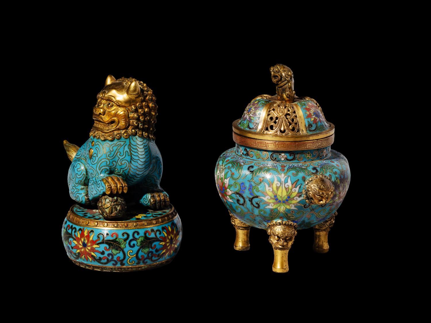 A Chinese Cloisonn é Enamel Covered Censer and A Cloisonn é Enamel Lion-Form Covered Box