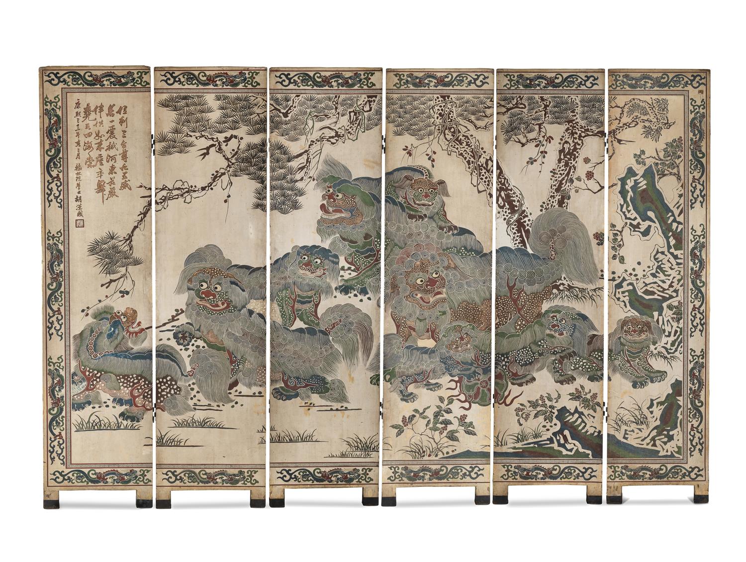 A Large Polychrome Lacquered Six-Panel Floor Screen