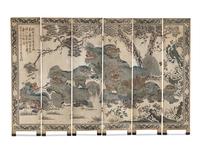 A Large Polychrome Lacquered Six-Panel Floor Screen