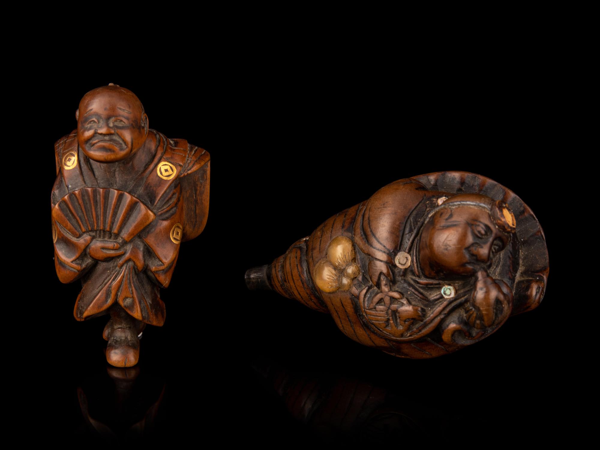 Two Japanese Embellished Boxwood Netsuke