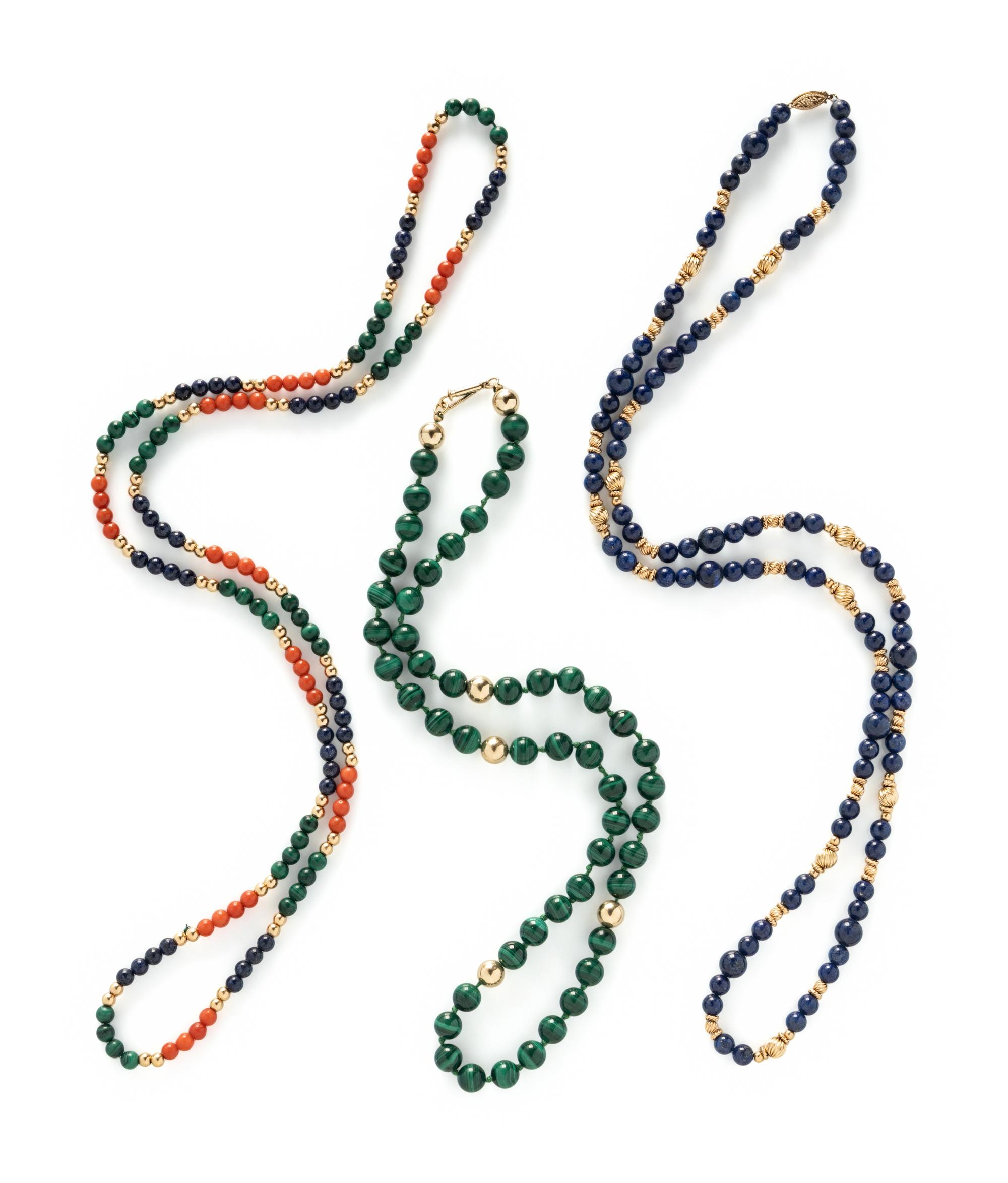 COLLECTION OF YELLOW GOLD AND MULTIGEM BEAD NECKLACES