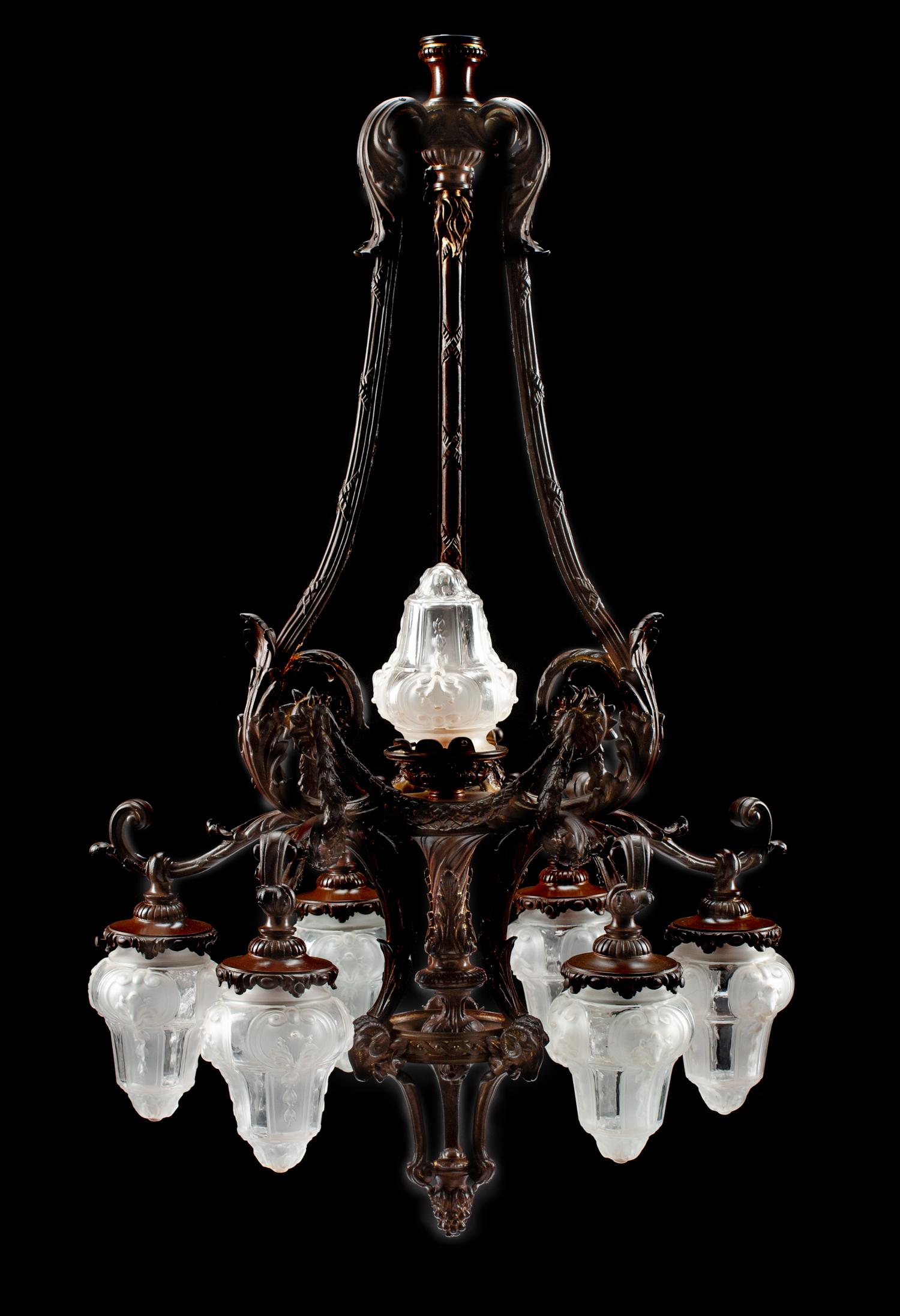 An American Neoclassical Patinated Bronze and Frosted Glass Chandelier Height 42 x diameter 25 inches. — CIRCA 1900