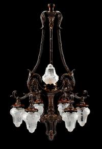 An American Neoclassical Patinated Bronze and Frosted Glass Chandelier Height 42 x diameter 25 inches. — CIRCA 1900