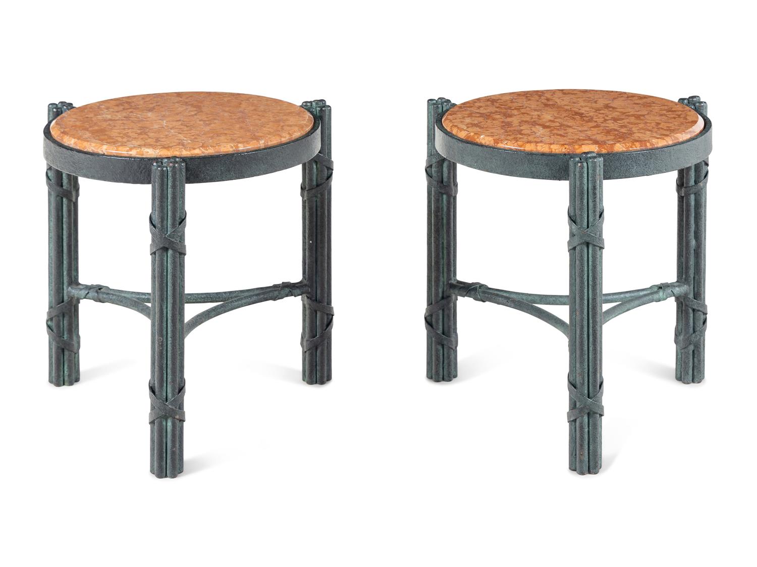 A Pair of Patinated Metal and Marble Side Tables