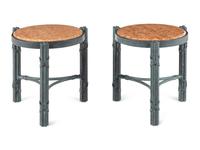 A Pair of Patinated Metal and Marble Side Tables