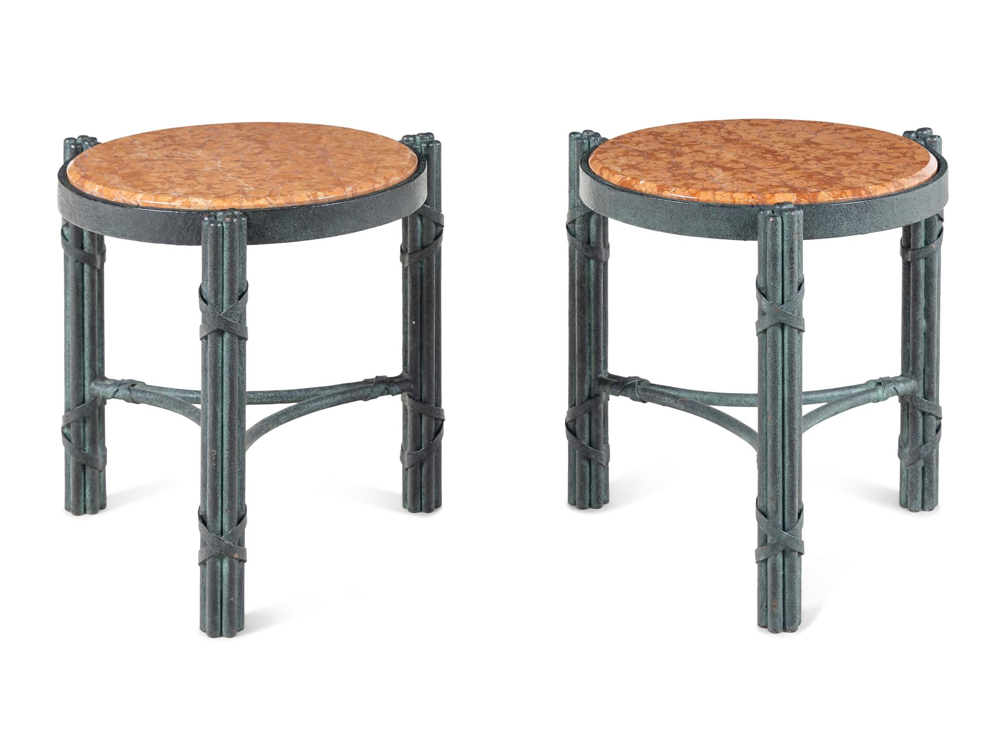 A Pair of Patinated Metal and Marble Side Tables