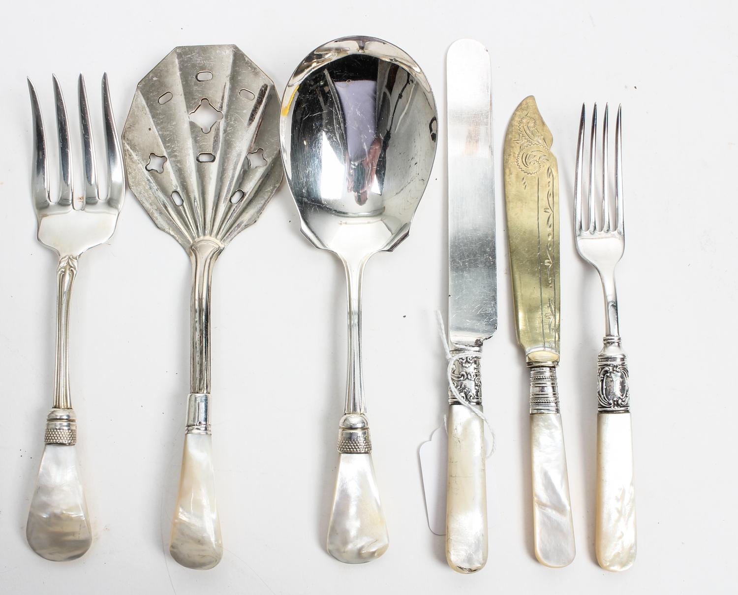 An Assembled Silver-Plate and Mother-of-Pearl Handled Dessert Service, , comprising two sets of six dessert knives, six fruit knives, s