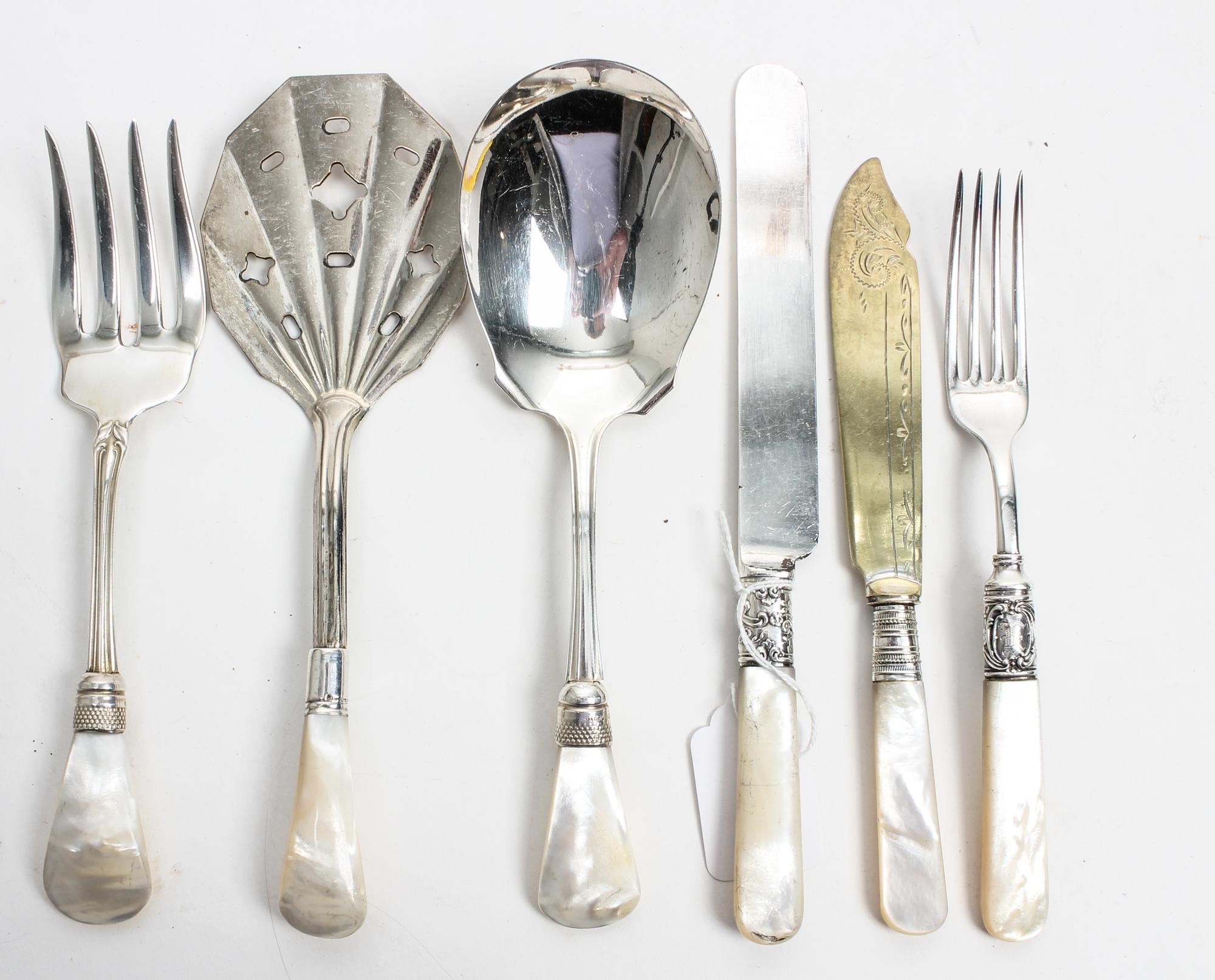 An Assembled Silver-Plate and Mother-of-Pearl Handled Dessert Service, , comprising two sets of six dessert knives, six fruit knives, s