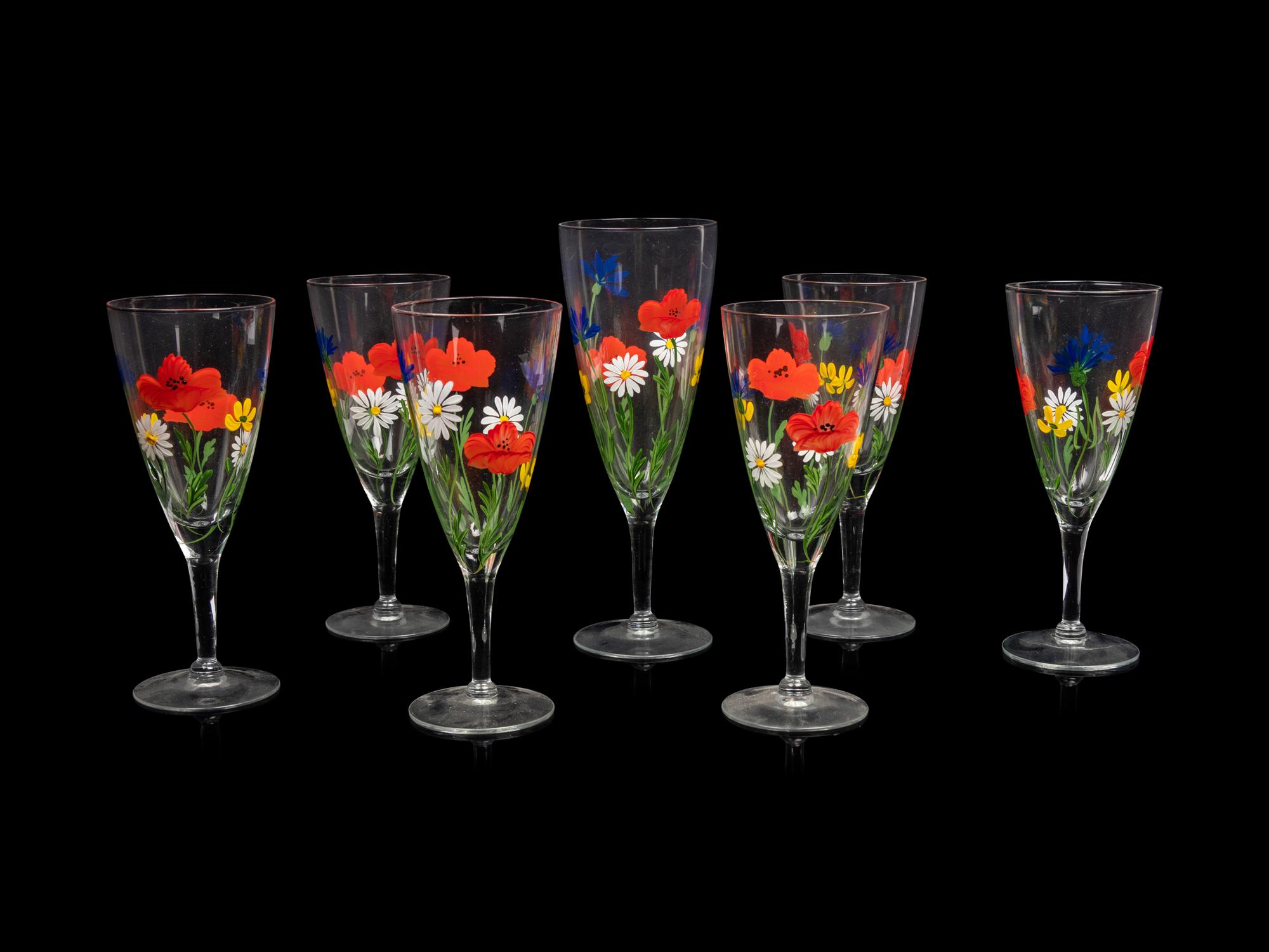 A Group of Seven Enameled Glass Stemware Articles