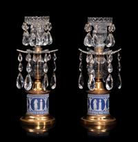 A Pair of Regency Brass and Jasperware Mounted Cut Glass Candlesticks