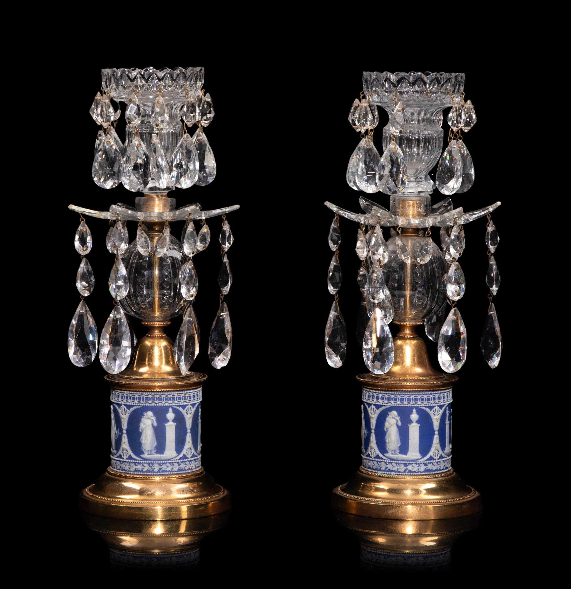 A Pair of Regency Brass and Jasperware Mounted Cut Glass Candlesticks