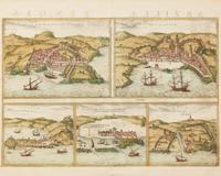 A group of four hand-colored copper engravings depicting town views, from Civitates Orbis Terrarum , Georg Braun (1541-1622) and Frans Hogenberg (1535-1590), 1575 or later