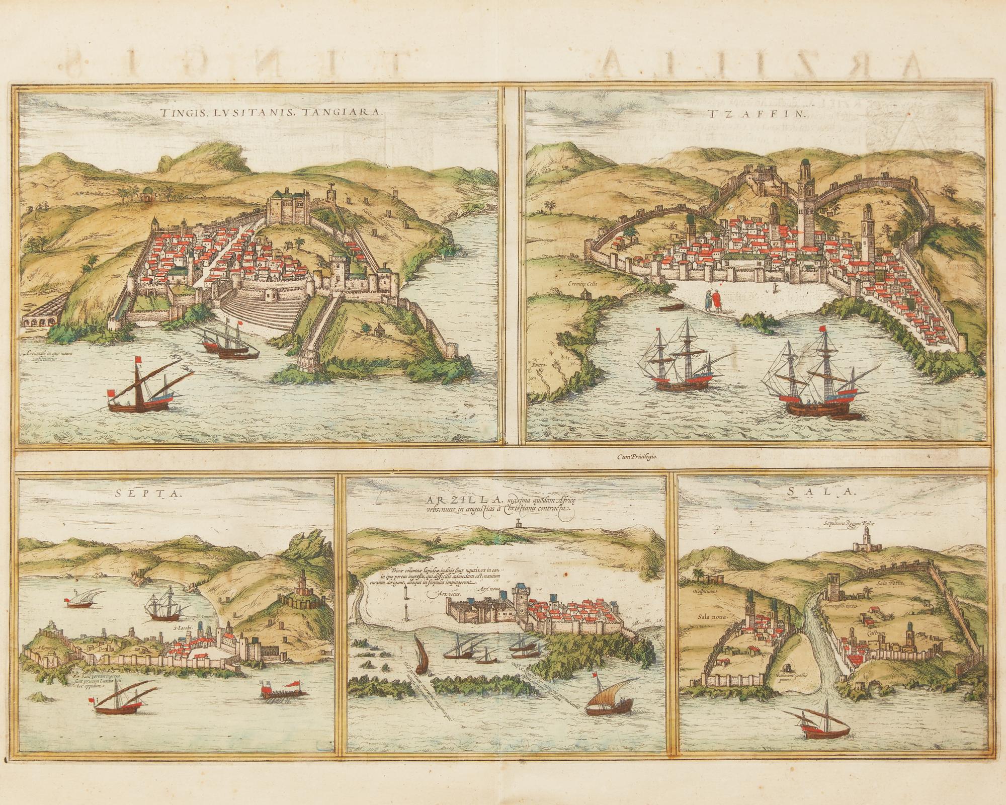 A group of four hand-colored copper engravings depicting town views, from Civitates Orbis Terrarum , Georg Braun (1541-1622) and Frans Hogenberg (1535-1590), 1575 or later