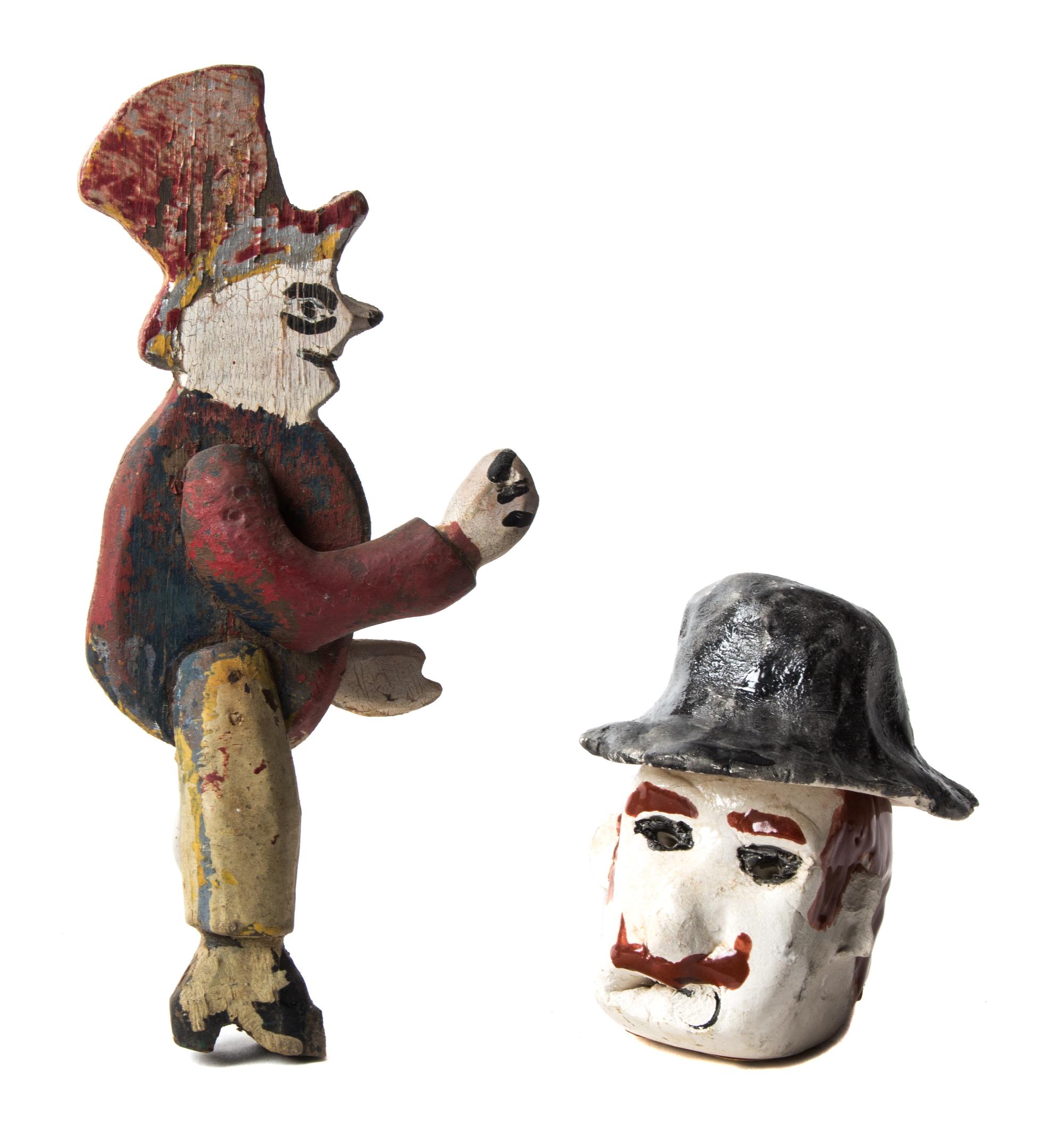 Turku Trajan, (American, 1887-1959), A Strange Creature; together with two American folk art objects comprising a glazed ceramic head w