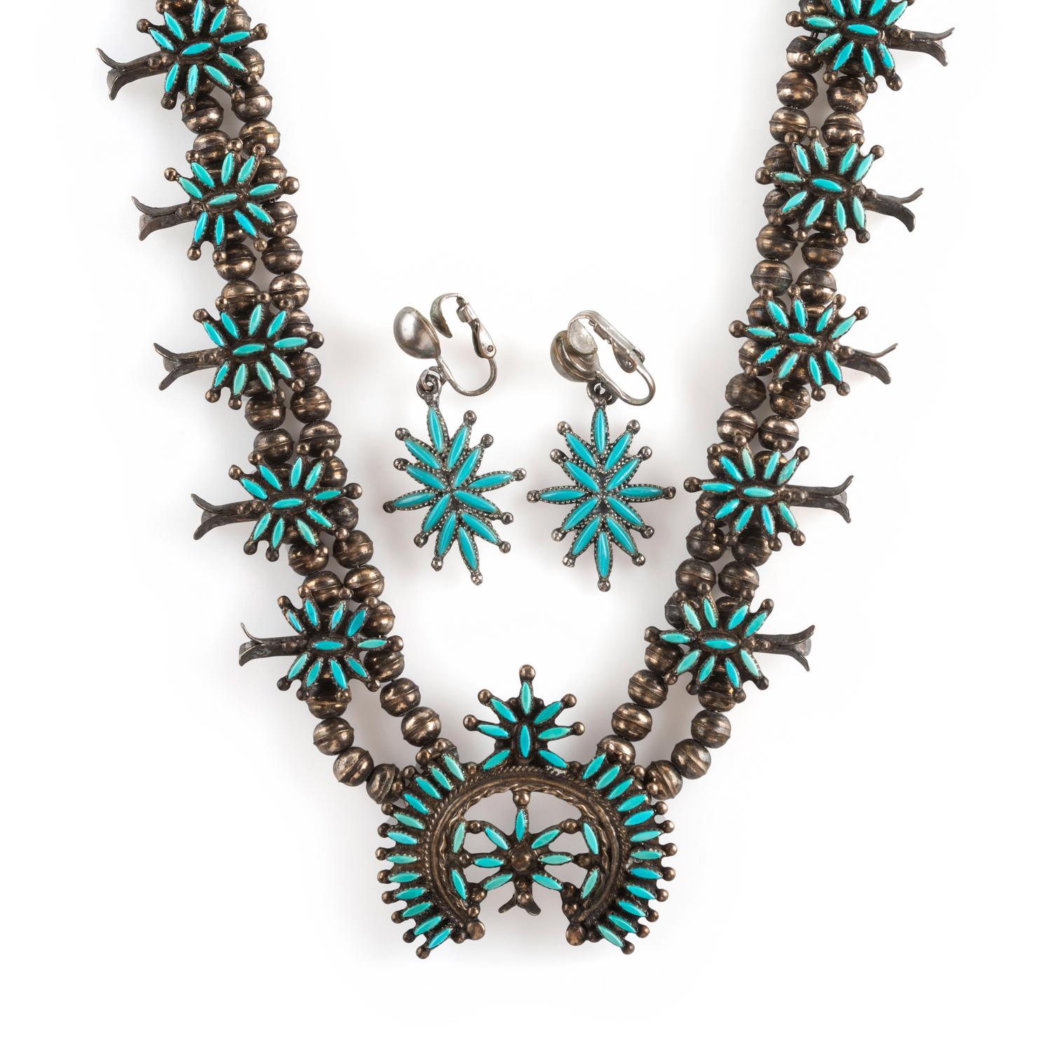 Petite Silver and Needle Point Squash Blossom Necklace and Clip Earrings