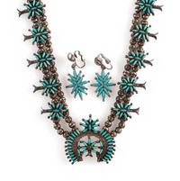Petite Silver and Needle Point Squash Blossom Necklace and Clip Earrings