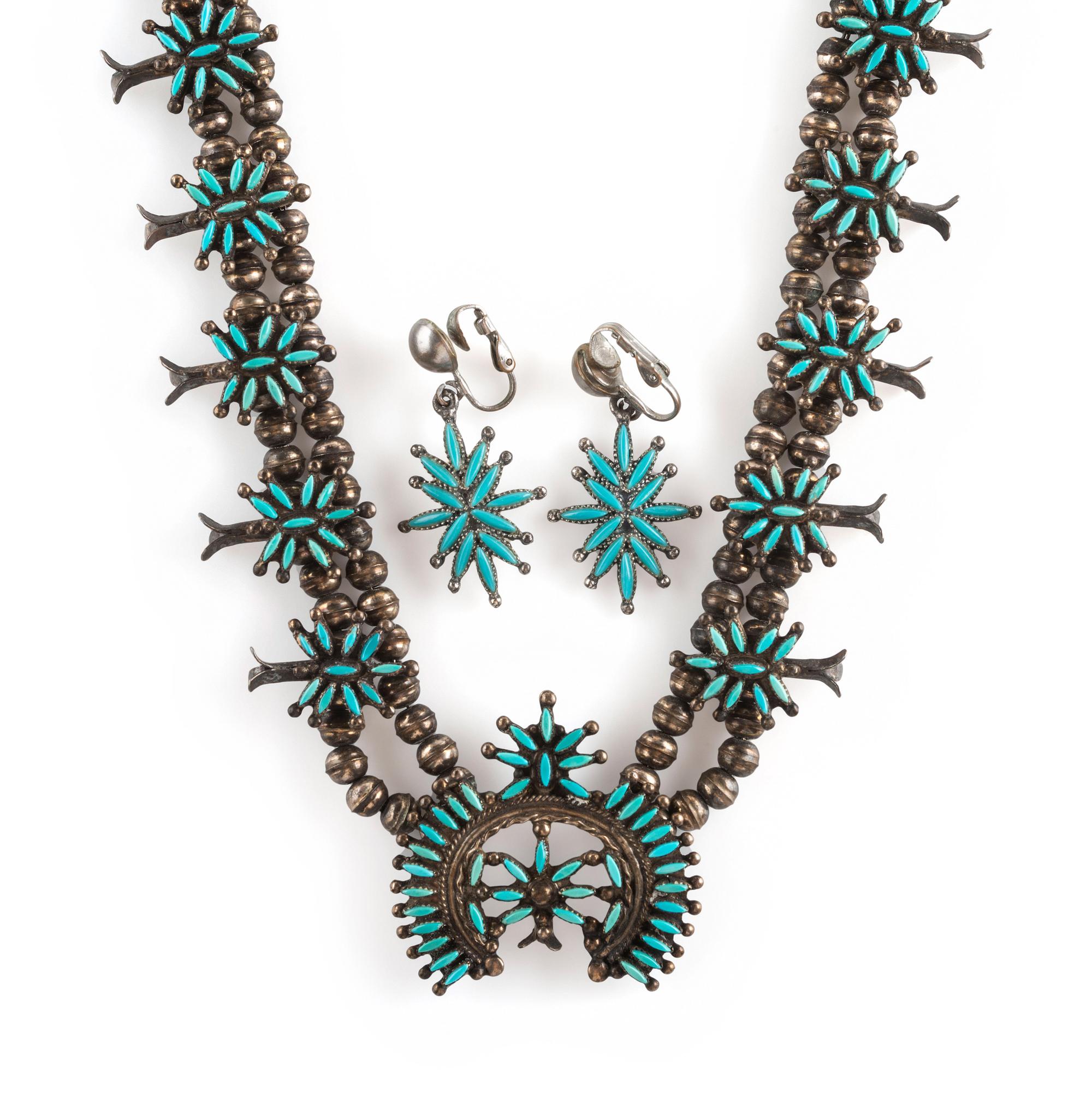 Petite Silver and Needle Point Squash Blossom Necklace and Clip Earrings