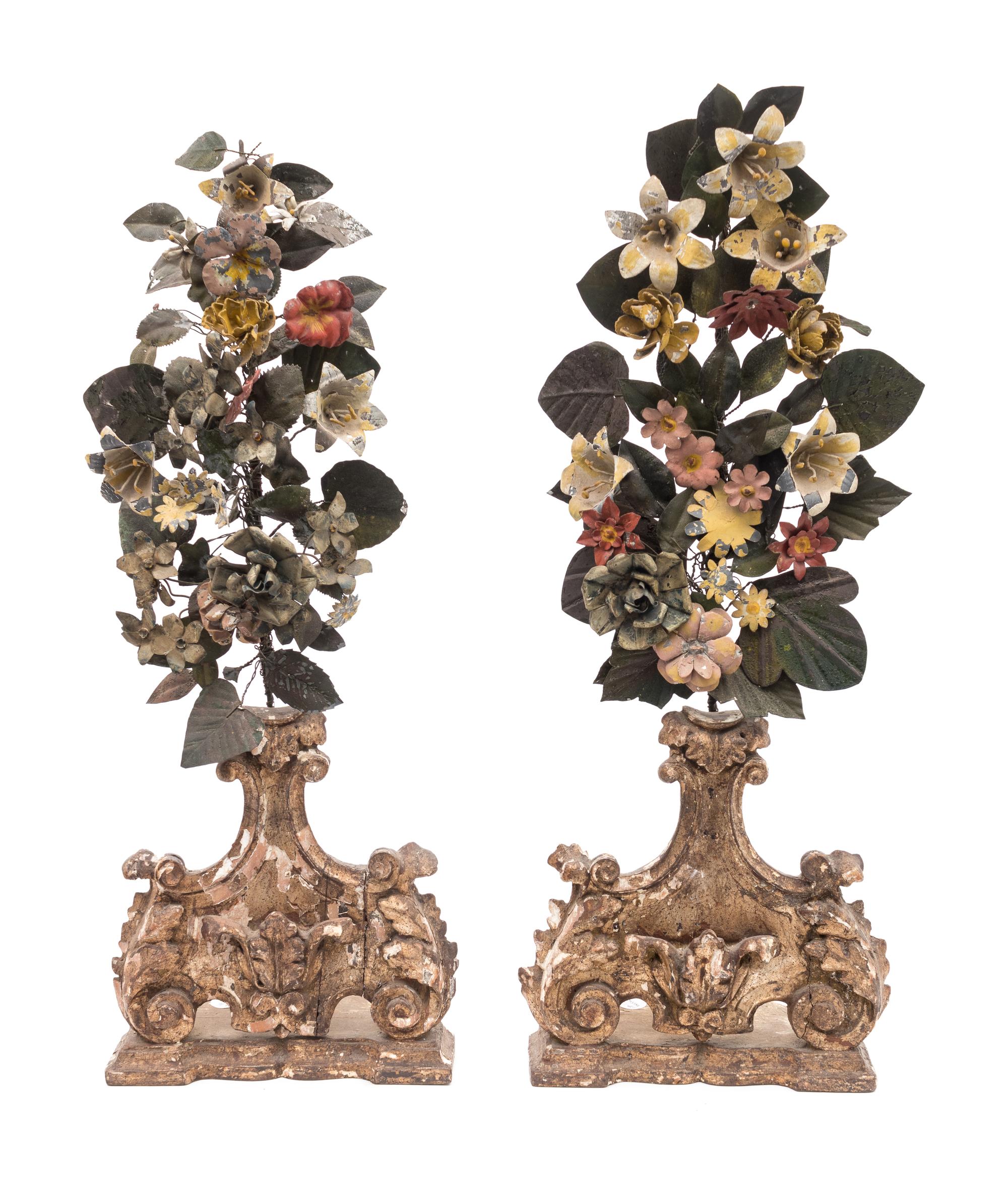 A Pair of Italian Carved and Polychromed Wood Urns Inset with Polychromed Tole Flowers. — 19TH CENTURY