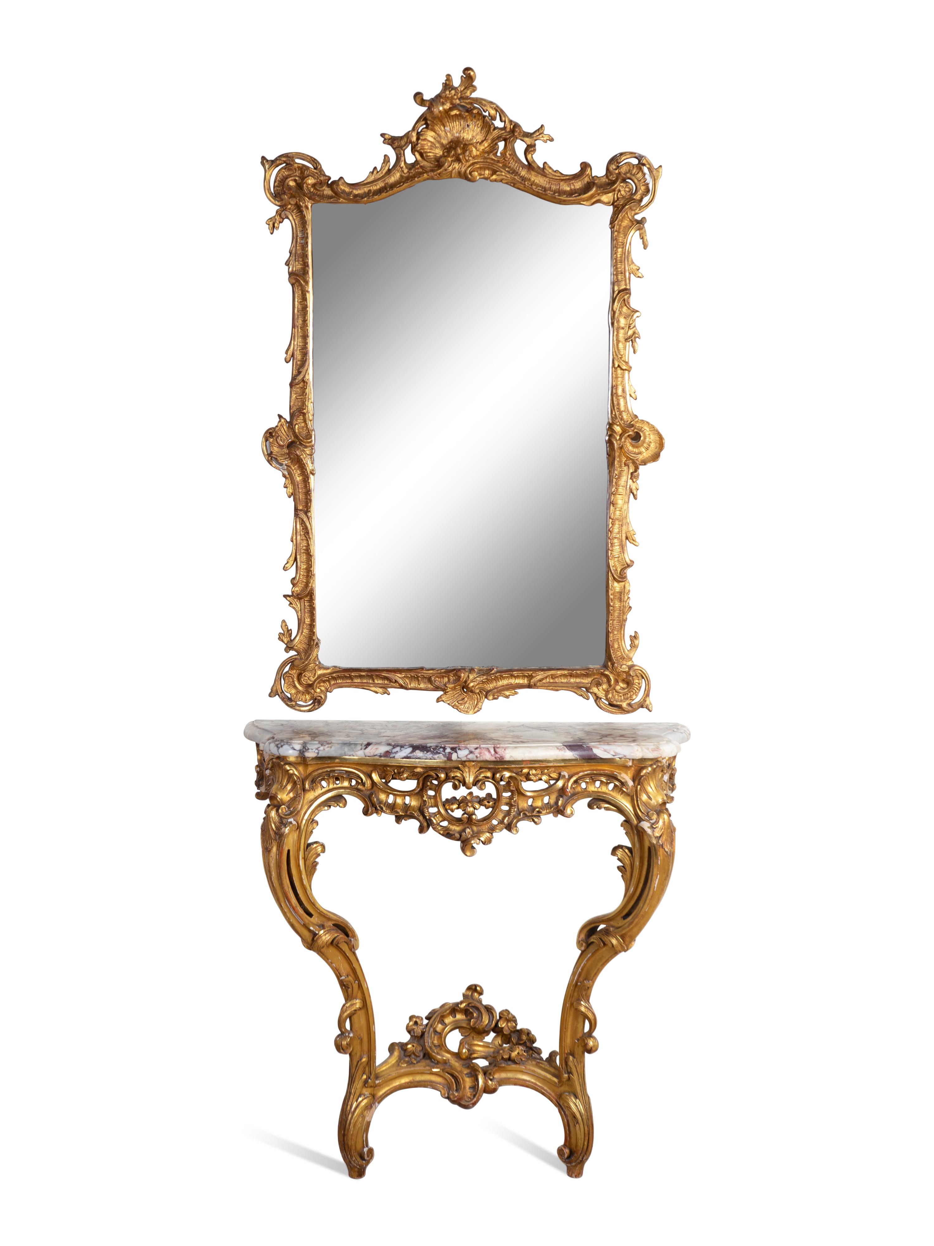 A Louis XV Style Giltwood Console and Similar Mirror