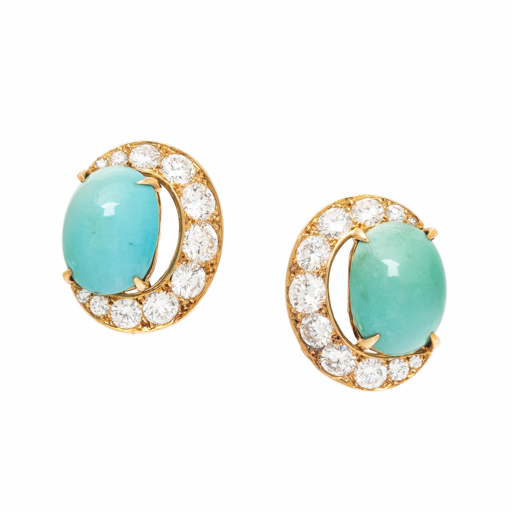 JACQUES TIMEY, TURQUOISE, DIAMOND, AND YELLOW GOLD EARRINGS