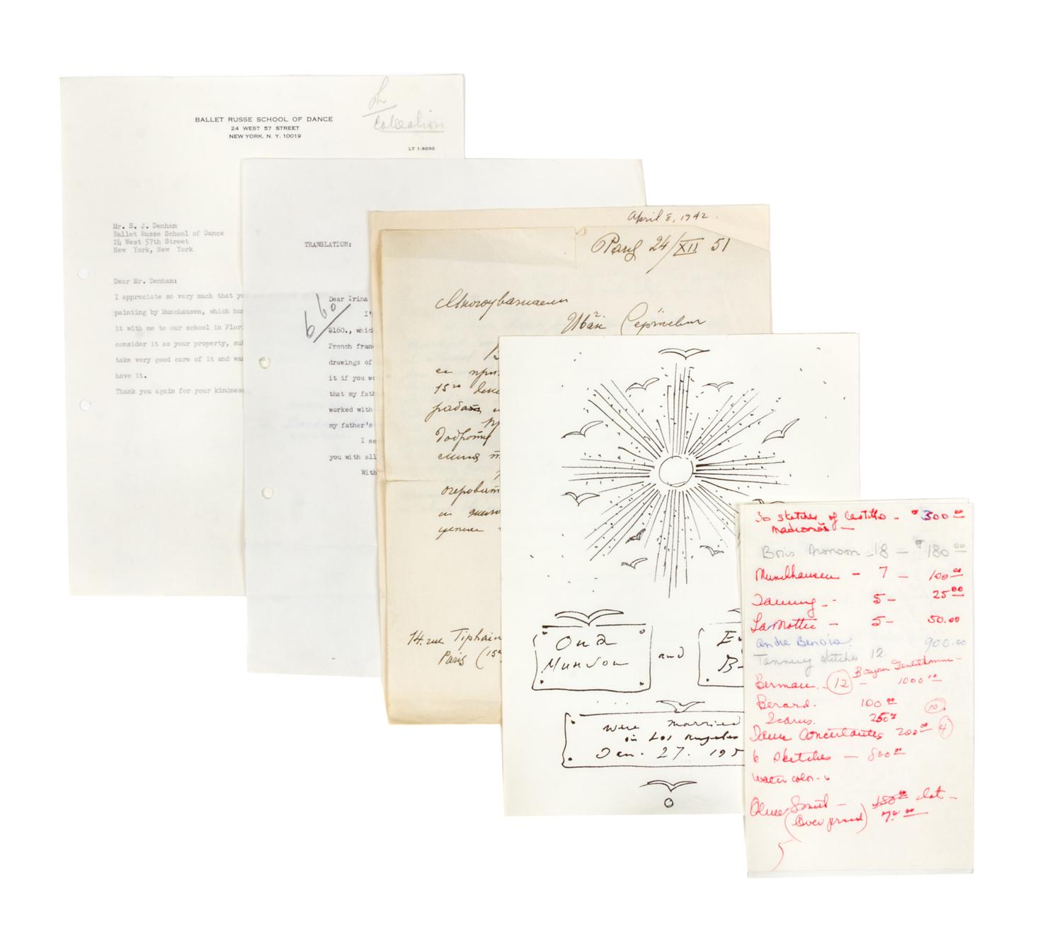 (BALLET RUSSE) BERMAN, EUGENE A costume design together with correspondence pertaining to the Ballet Rouse.