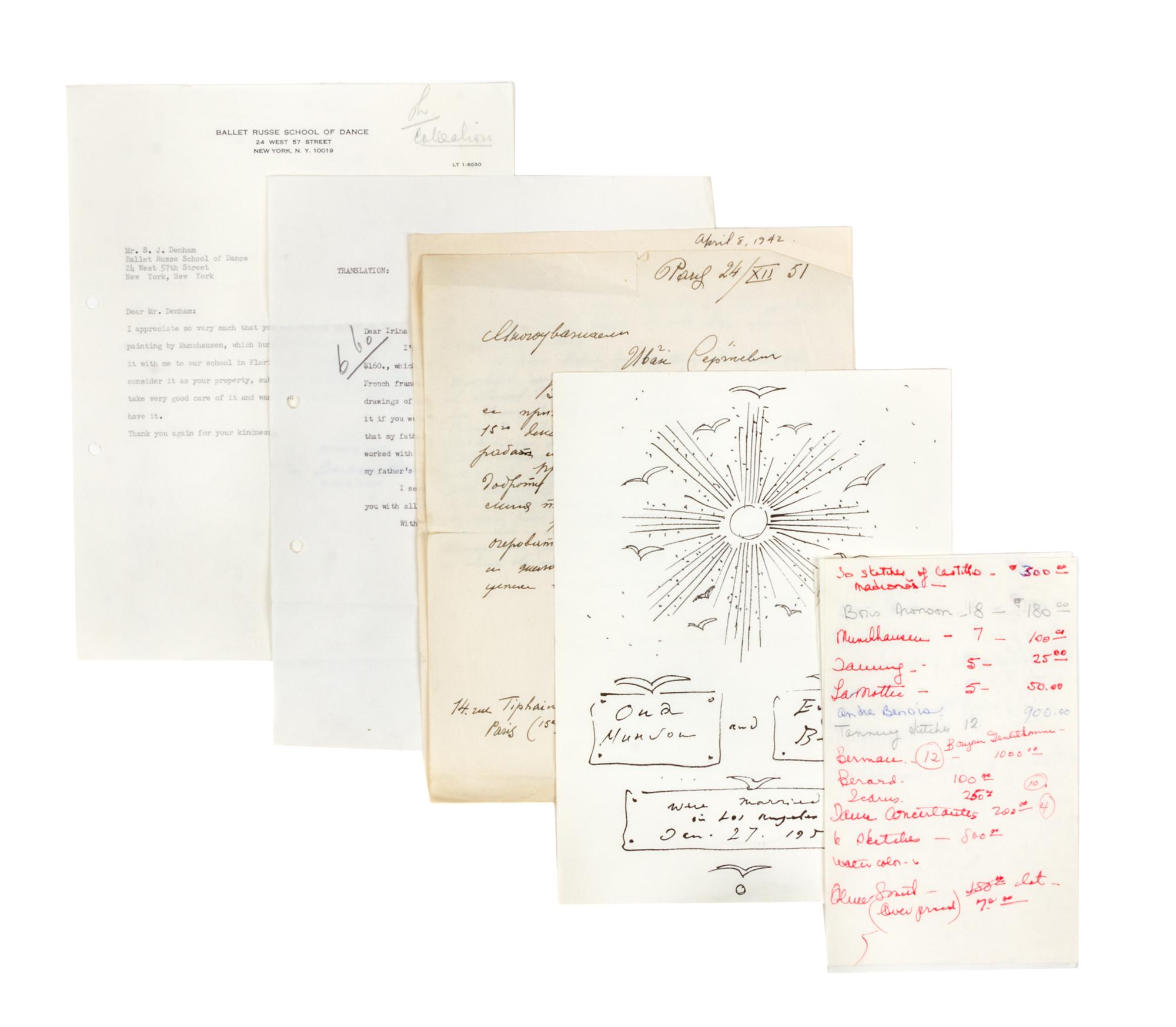 (BALLET RUSSE) BERMAN, EUGENE A costume design together with correspondence pertaining to the Ballet Rouse.