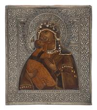 A Russian Silver and Pearl Inset Oklad Icon