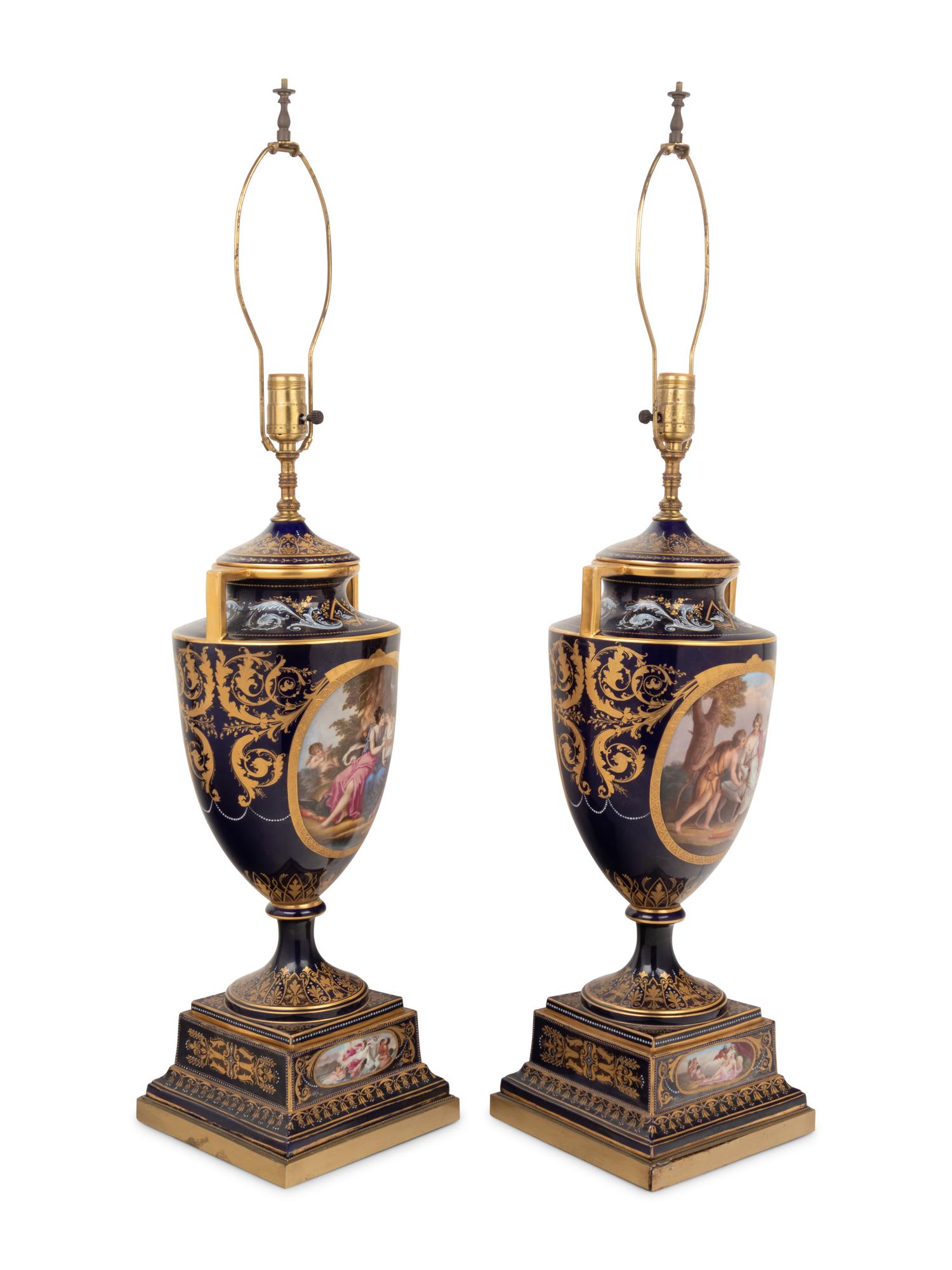 A Pair of Vienna Porcelain Urns Mounted as Lamps