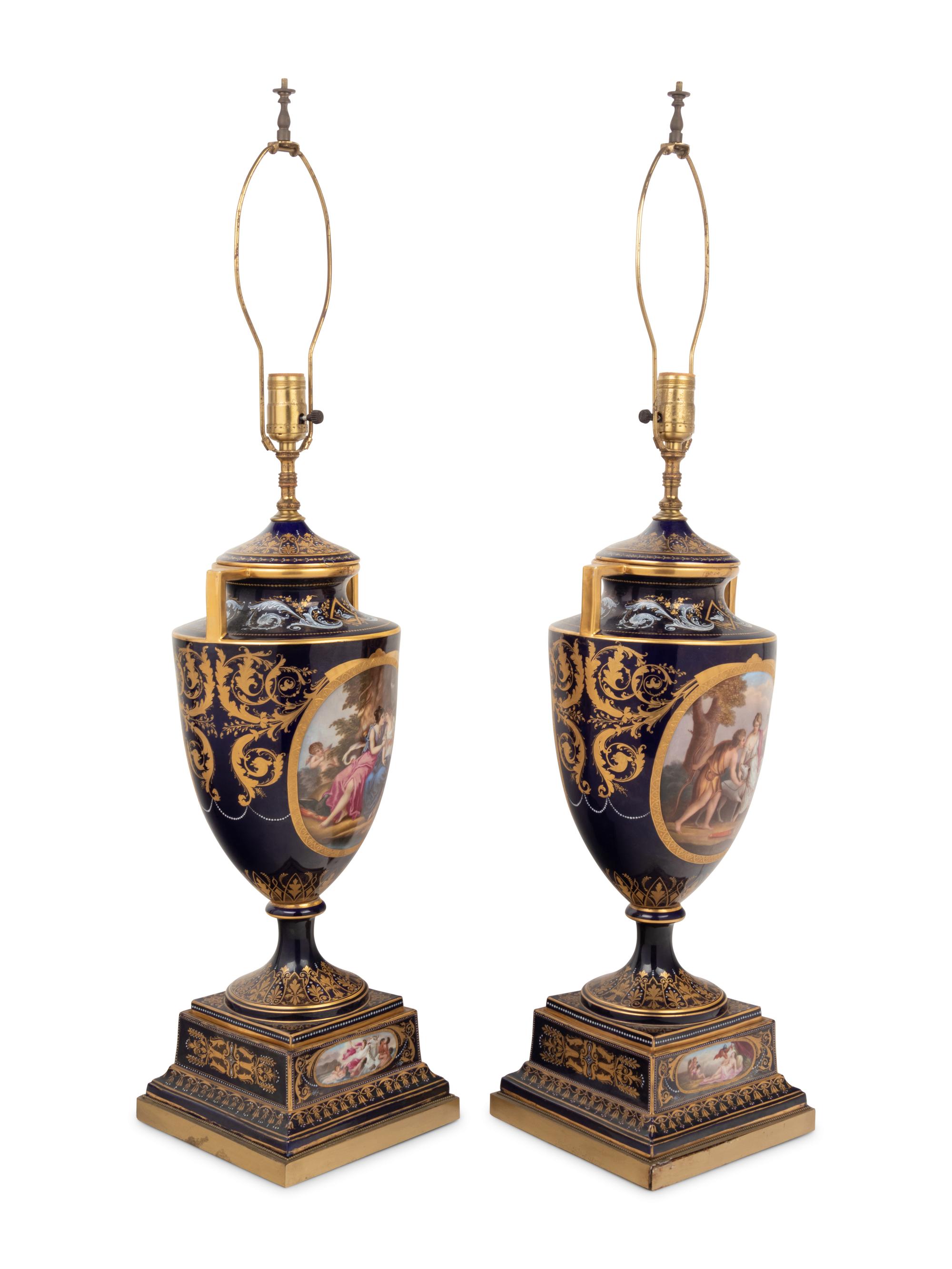 A Pair of Vienna Porcelain Urns Mounted as Lamps