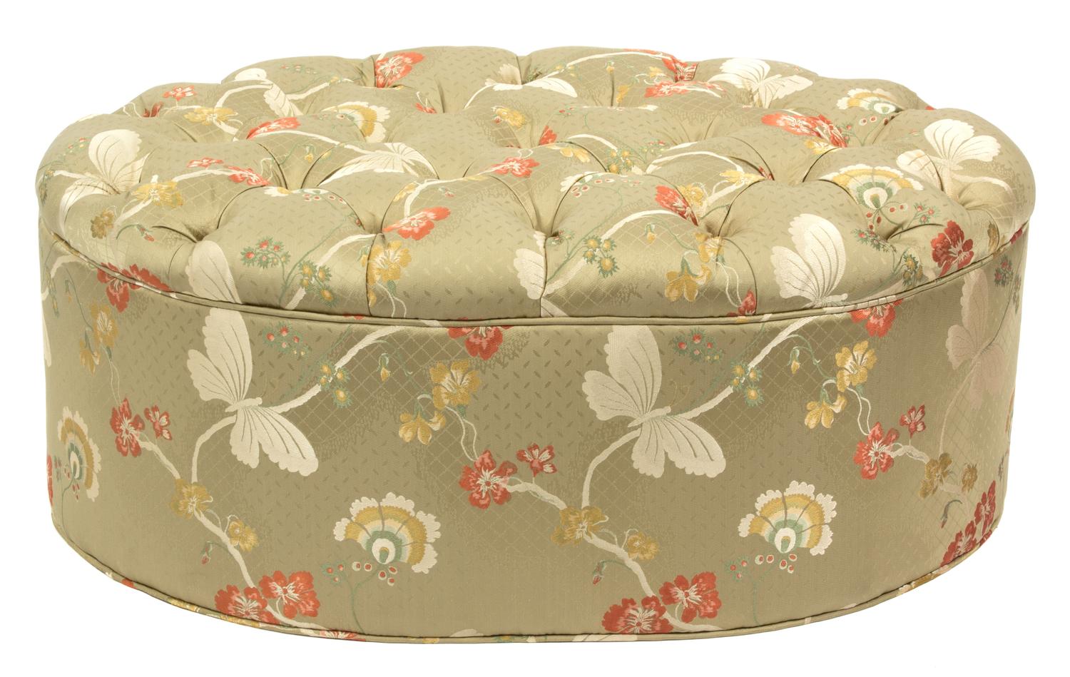 A Contemporary Upholstered Button-Tufted Ottoman Height 15 x width 37 inches. — 20TH CENTURY