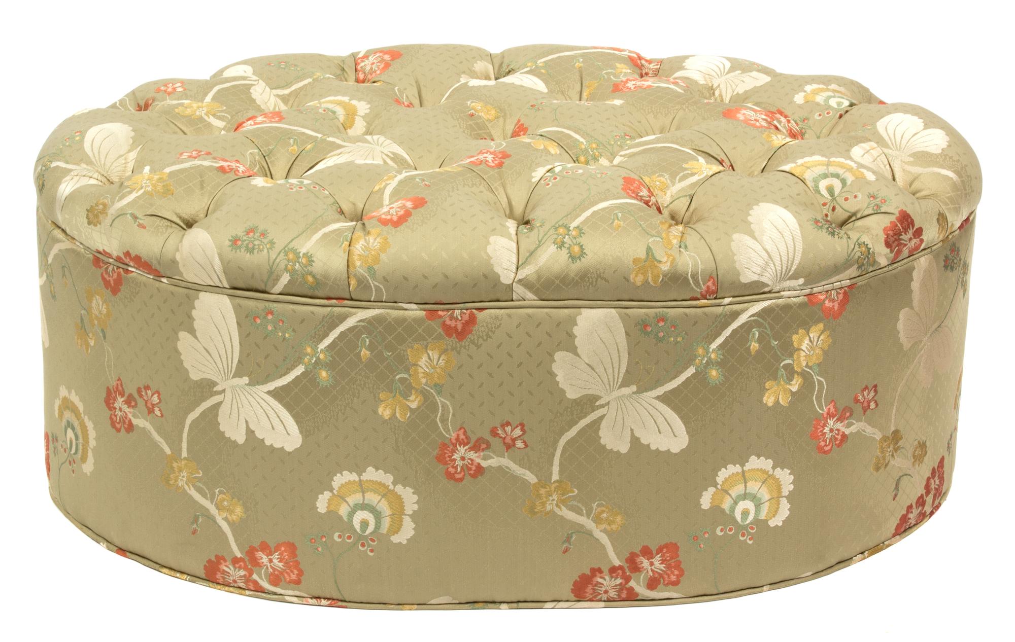 A Contemporary Upholstered Button-Tufted Ottoman Height 15 x width 37 inches. — 20TH CENTURY