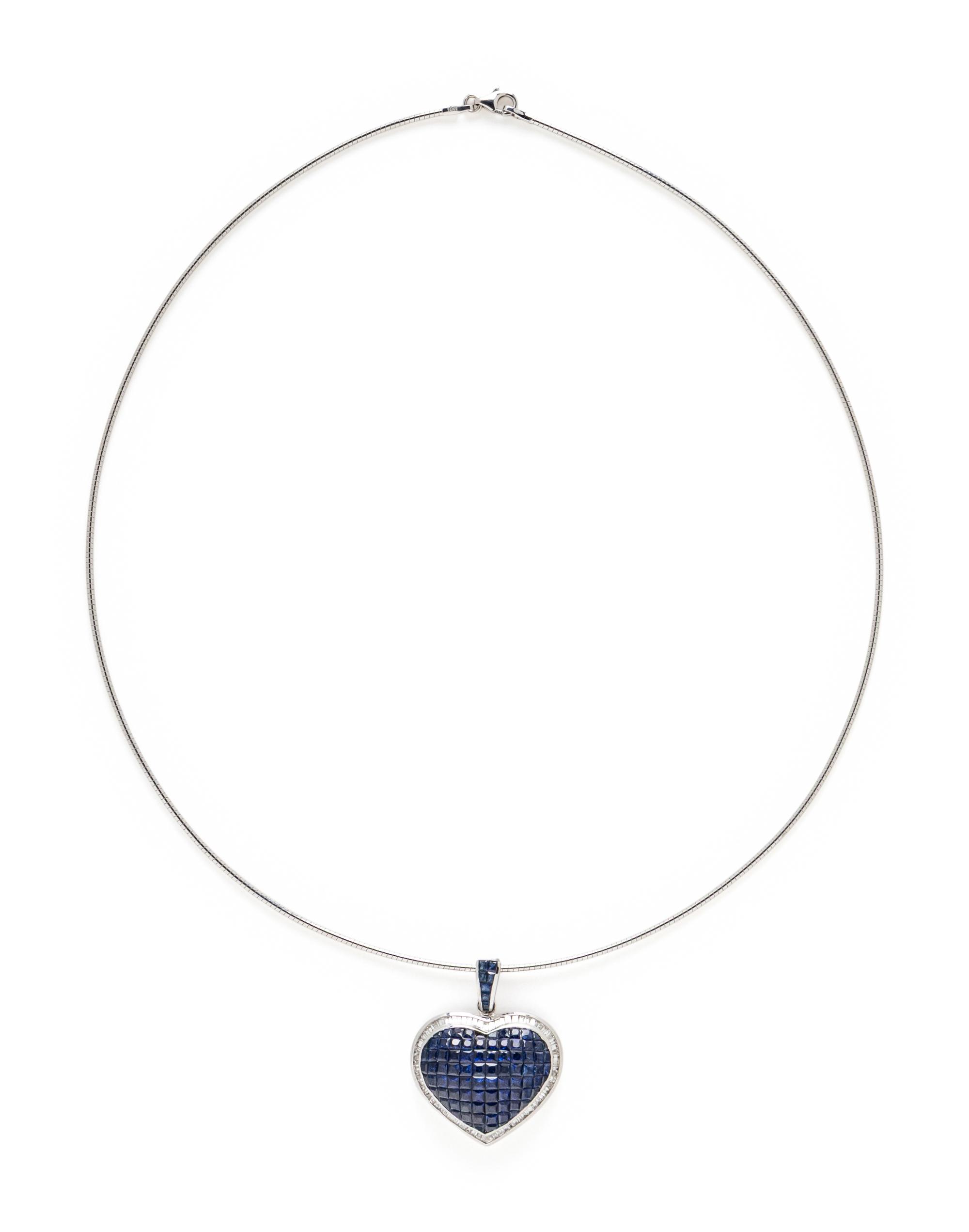 SAPPHIRE, DIAMOND, AND WHITE GOLD HEART PENDANT NECKLACE