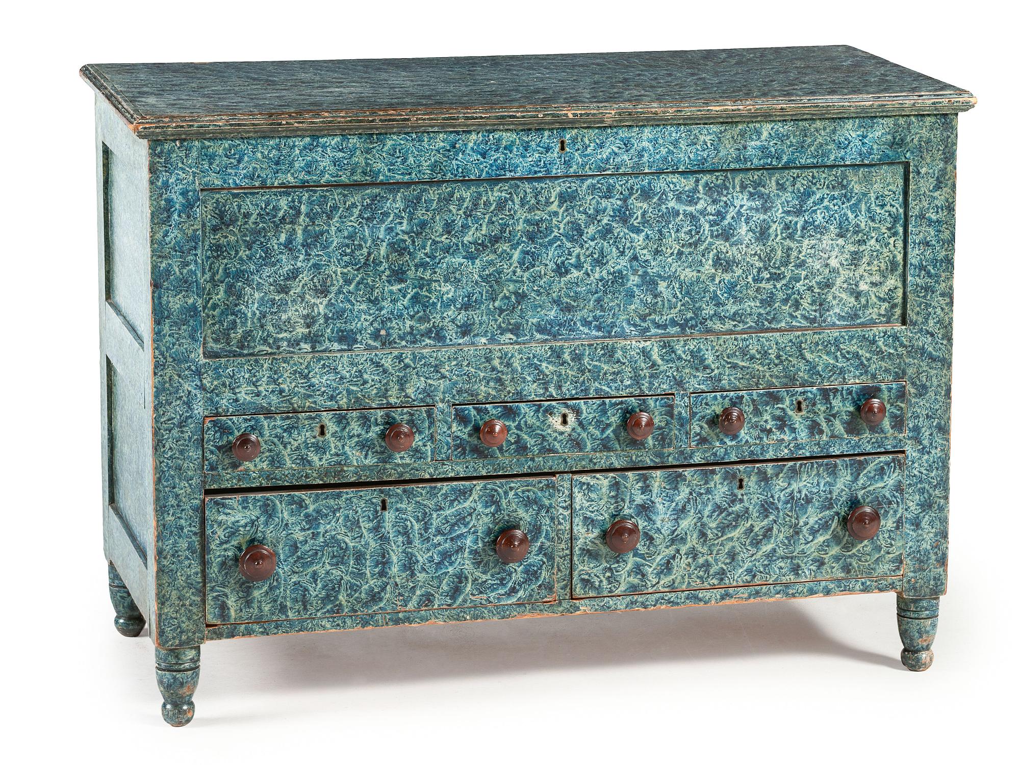 A Country Blue Sponge Paint-Decorated Pine and Poplar Five-Drawer Blanket Chest, 19th Century