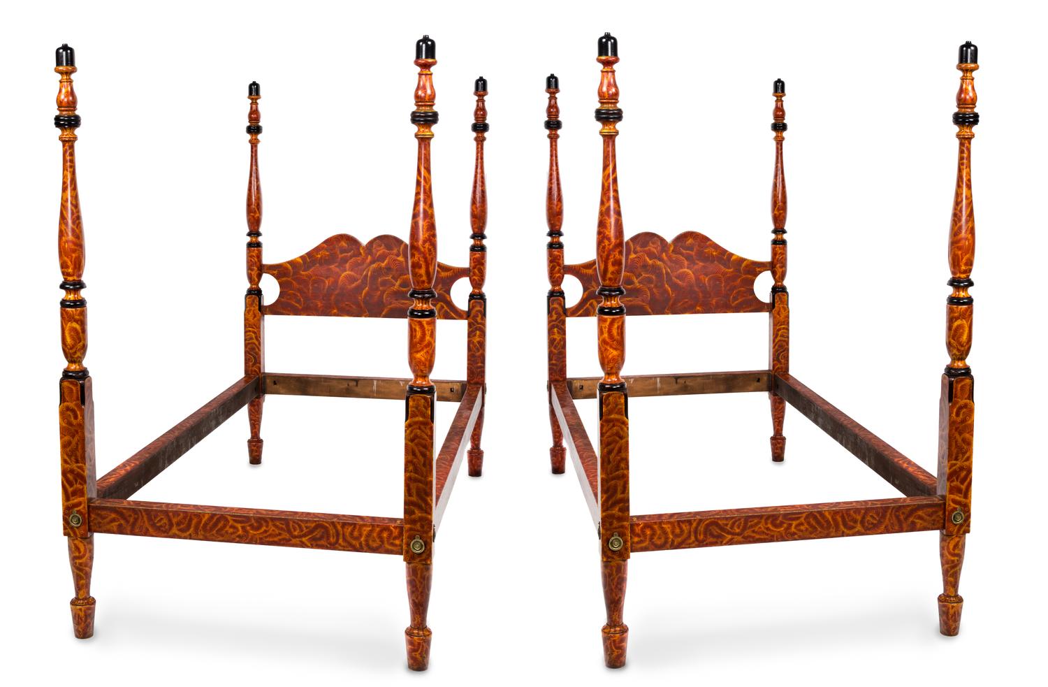 A Pair of Ebonized and Faux Burr Elm Painted Single Four-Poster Beds Height 64 x width 41 x depth 77 inches. — 20TH CENTURY
