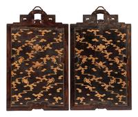 A Pair of Chinese Export Hardstone and Partial Lacquered Carved Wood Panels