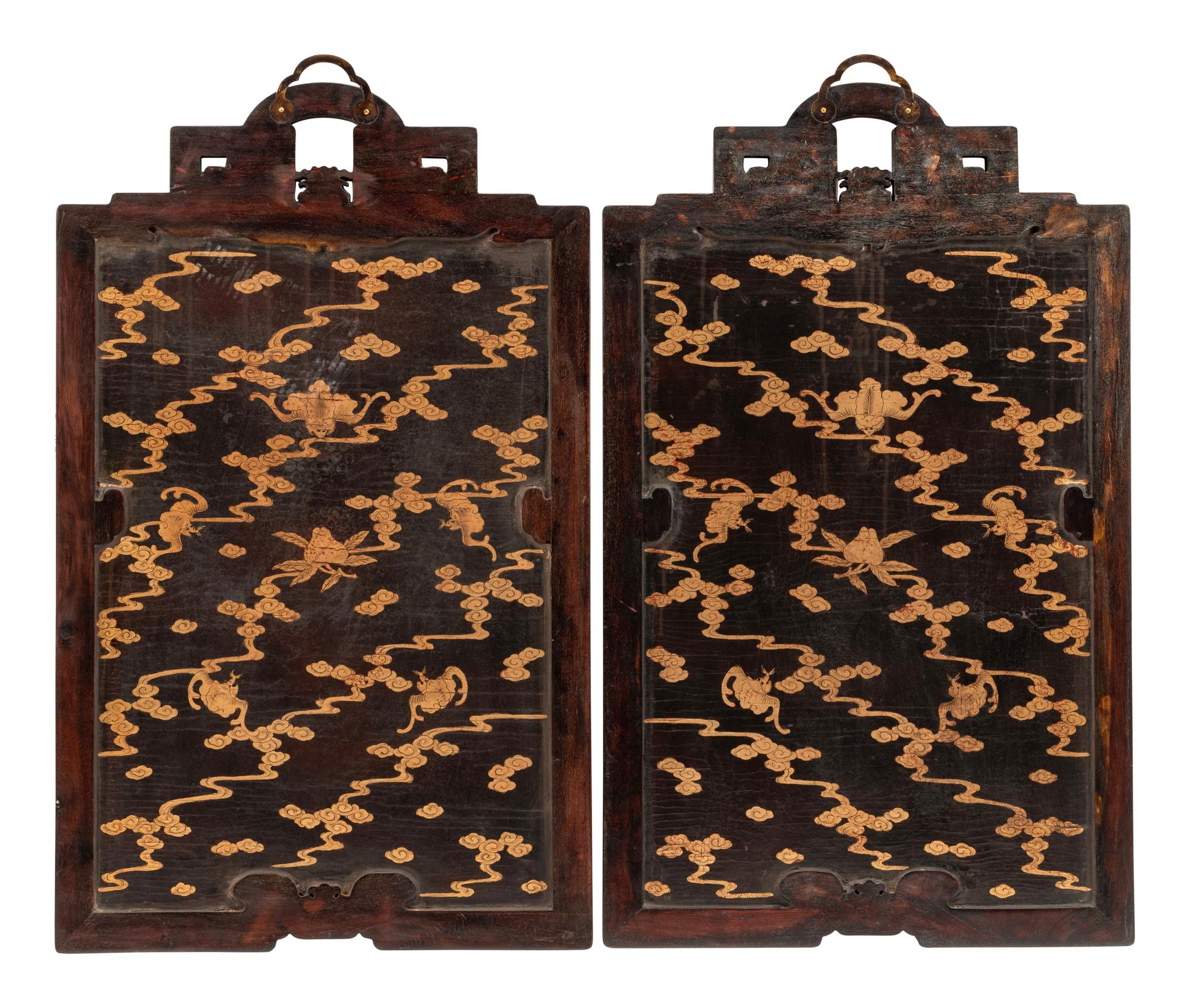 A Pair of Chinese Export Hardstone and Partial Lacquered Carved Wood Panels