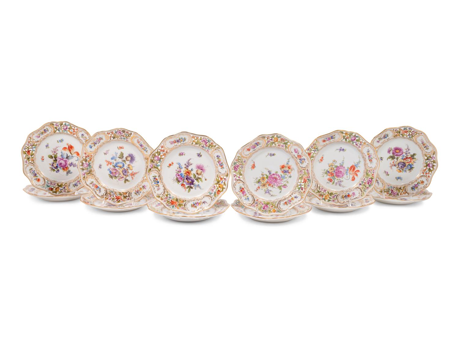 A Set of Twelve Dresden Hand-Painted Porcelain Plates