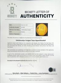 A 1948 Brooklyn Dodgers Team Signed Autograph Baseball Including Jackie Robinson and Roy Campanella (Beckett Authentication Services) - 21 Signatures