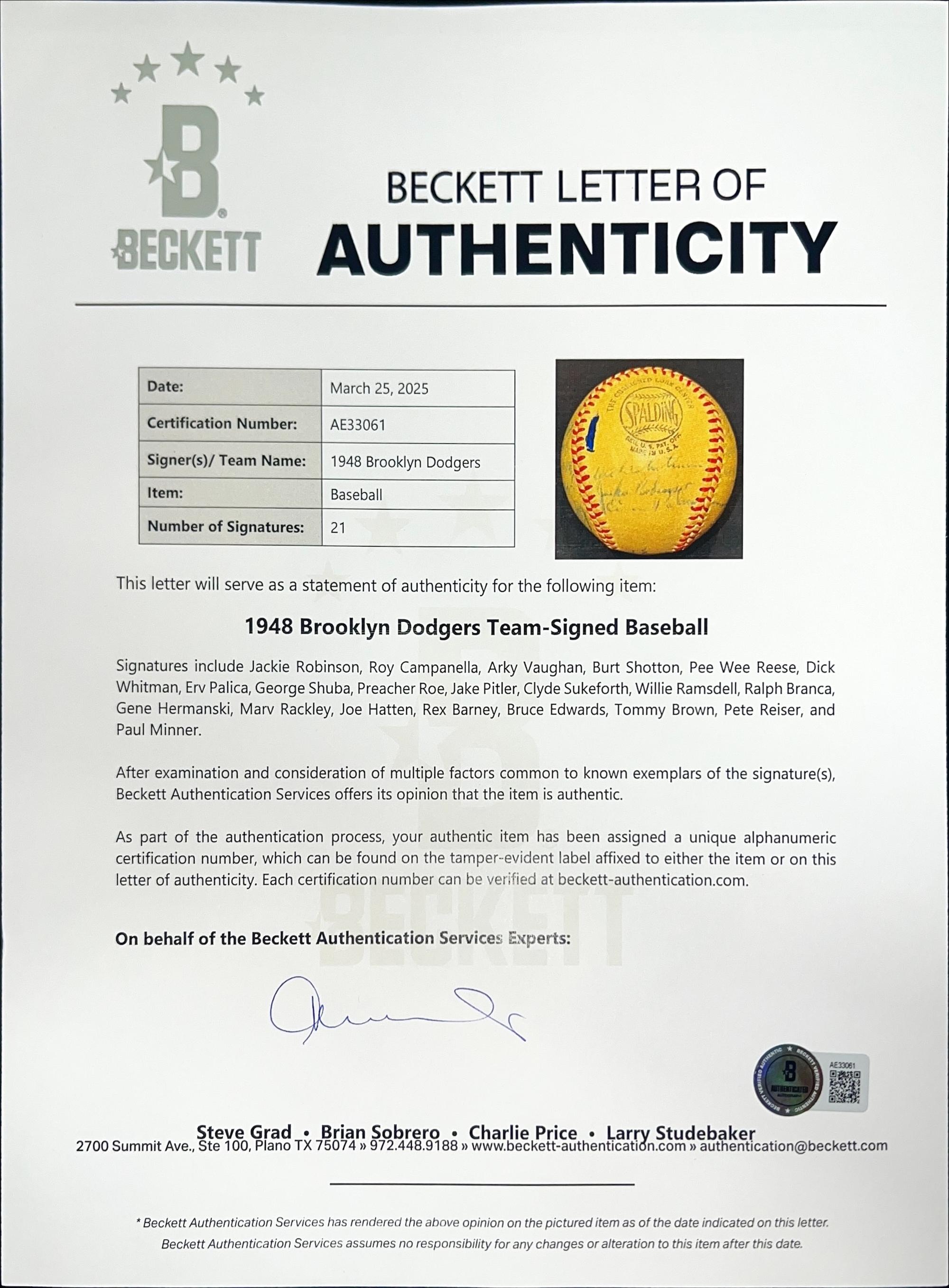 A 1948 Brooklyn Dodgers Team Signed Autograph Baseball Including Jackie Robinson and Roy Campanella (Beckett Authentication Services) - 21 Signatures