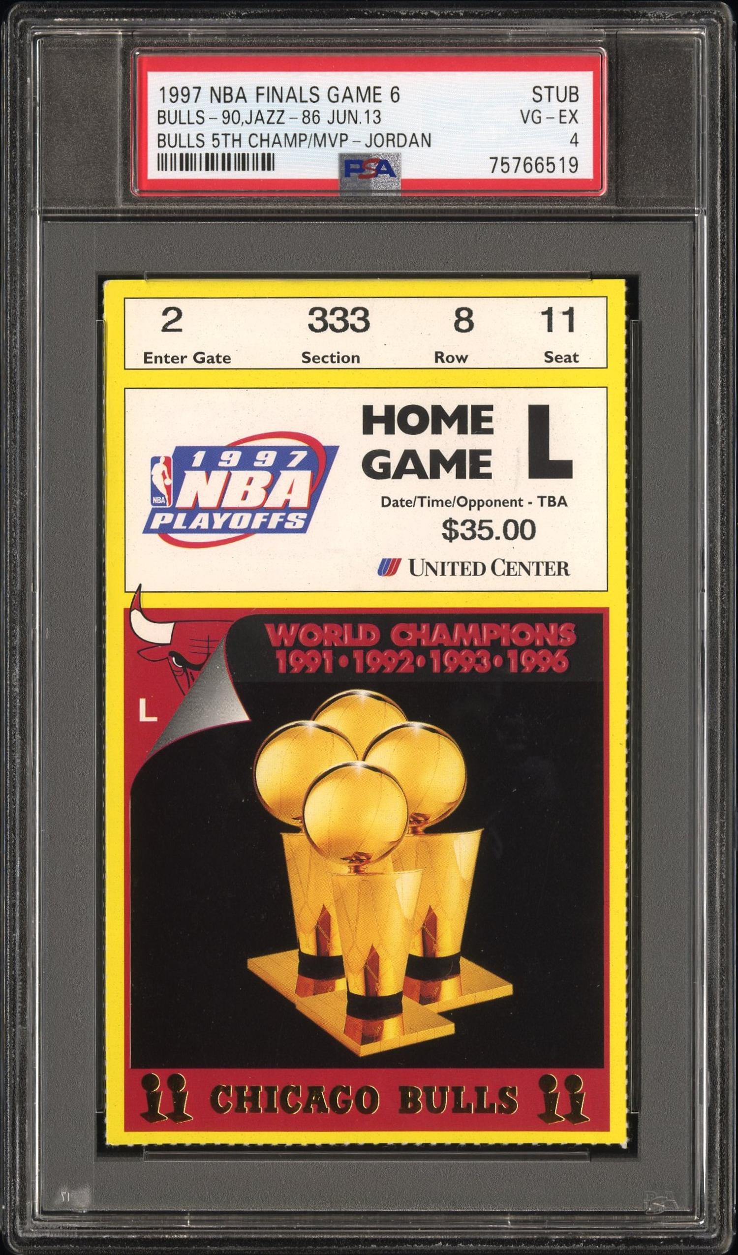 A June 13 1997 NBA Finals Game 6 Stub / Bulls Fifth Championship Michael Jordan MVP (PSA 4 VG-EX)